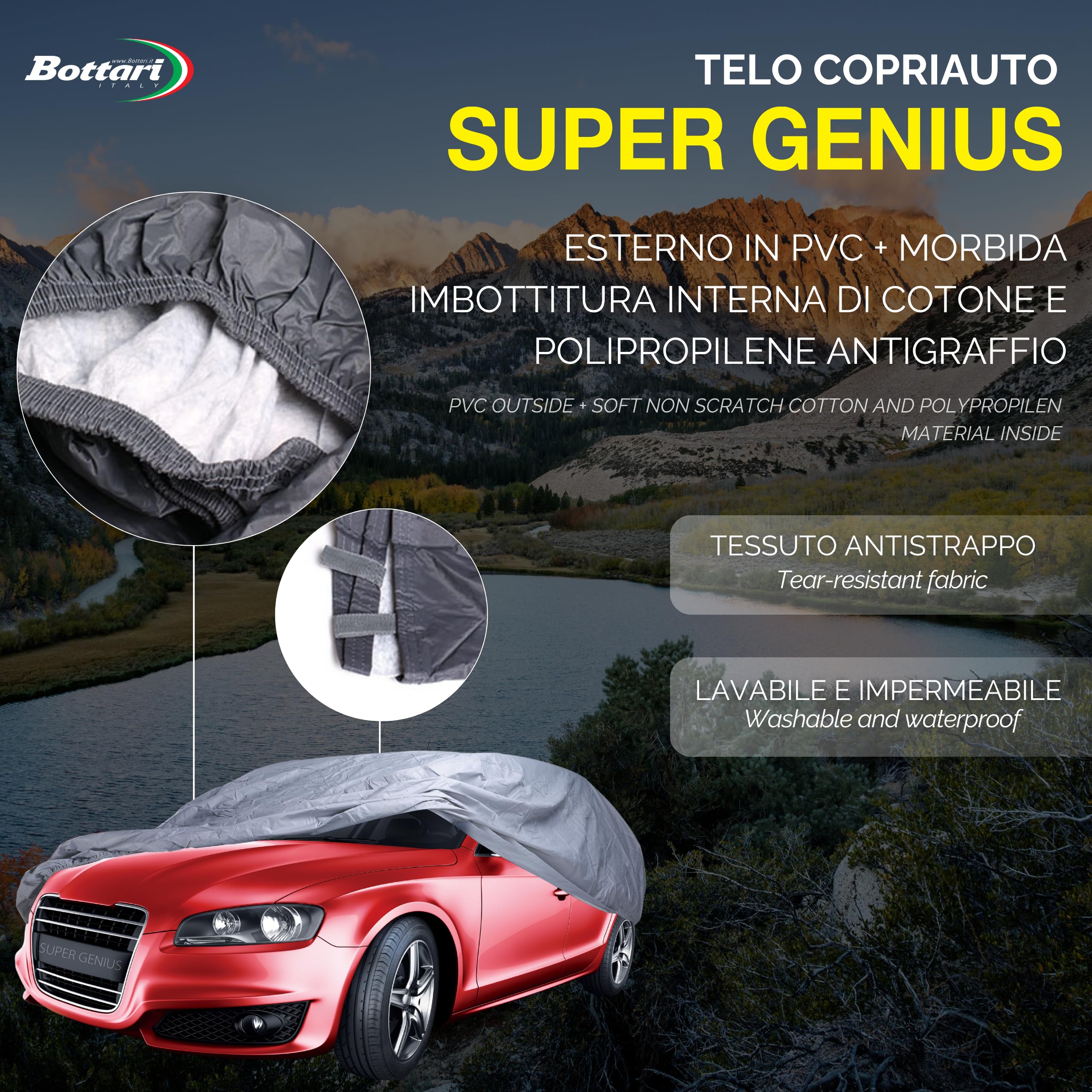 Bottari "SuperGenius" Copriauto Felpato 4 Stagioni in PVC Impermeabile – Telo Auto con Interno in Cotone e Polipropilene Antigraffio, Imbottito e con Cinghie di Fissaggio – Taglia XXL
