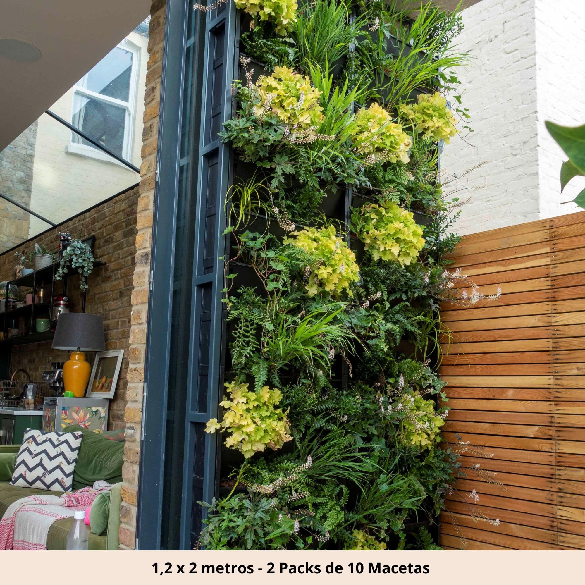Jardín Vertical, Macetas para Jardines Verticales Naturales en Exterior o Interior, Huerto Urbano Vertical, Sistema Modular con Autorriego, 60 x 200 cm (10 Macetas)