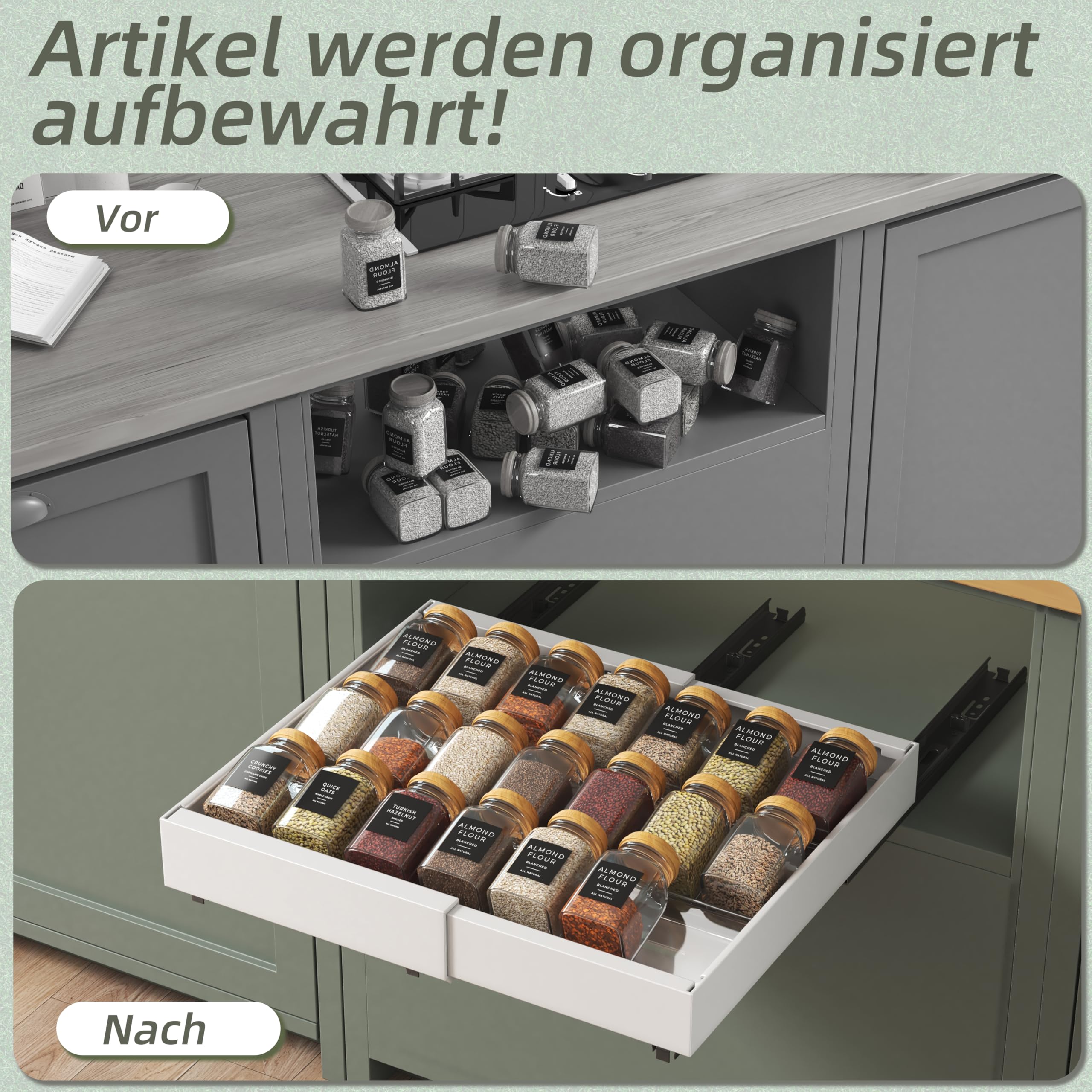 NETEL 2 Stück Teleskopschublade Ohne Bohren,ausziehbare schublade küche | 12 er Schubladen Organizer Für Aufbewahrung von Küchengewürzflaschen,Einstellbare Breite 32-52cm,Tiefe 42cm mit Kleber,weiß