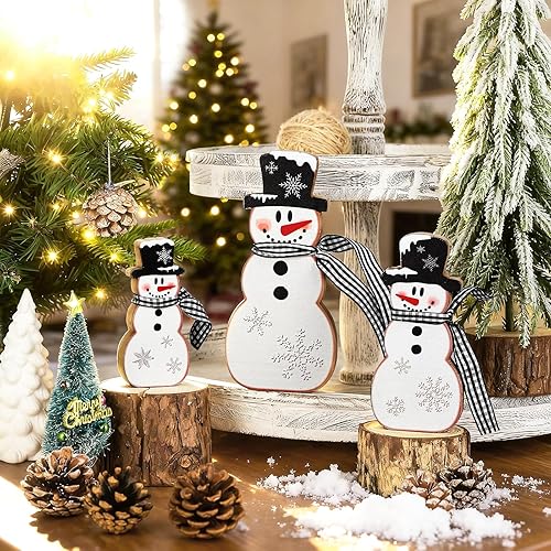 Miniatura 6 de 3 piezas de decoración de mesa de muñeco de nieve de Navidad, mesas de muñeco de nieve de madera, centros de mesa, bloque de invierno, letrero de