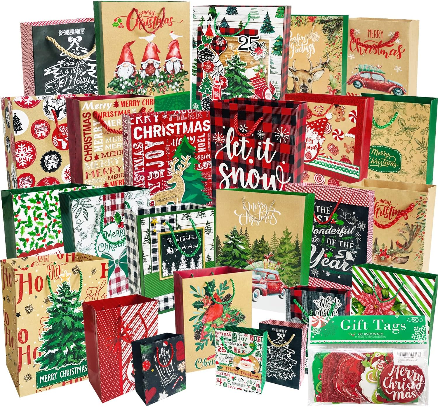 Party Funny 24 Christmas Gift Paper Bags Bulk with handles and 60 Count Christmas Gift Tags-Assorted sizes set for Wrapping Xmas Holiday Presents(6 Jumbo,6 Large,6 Medium,6 Small)