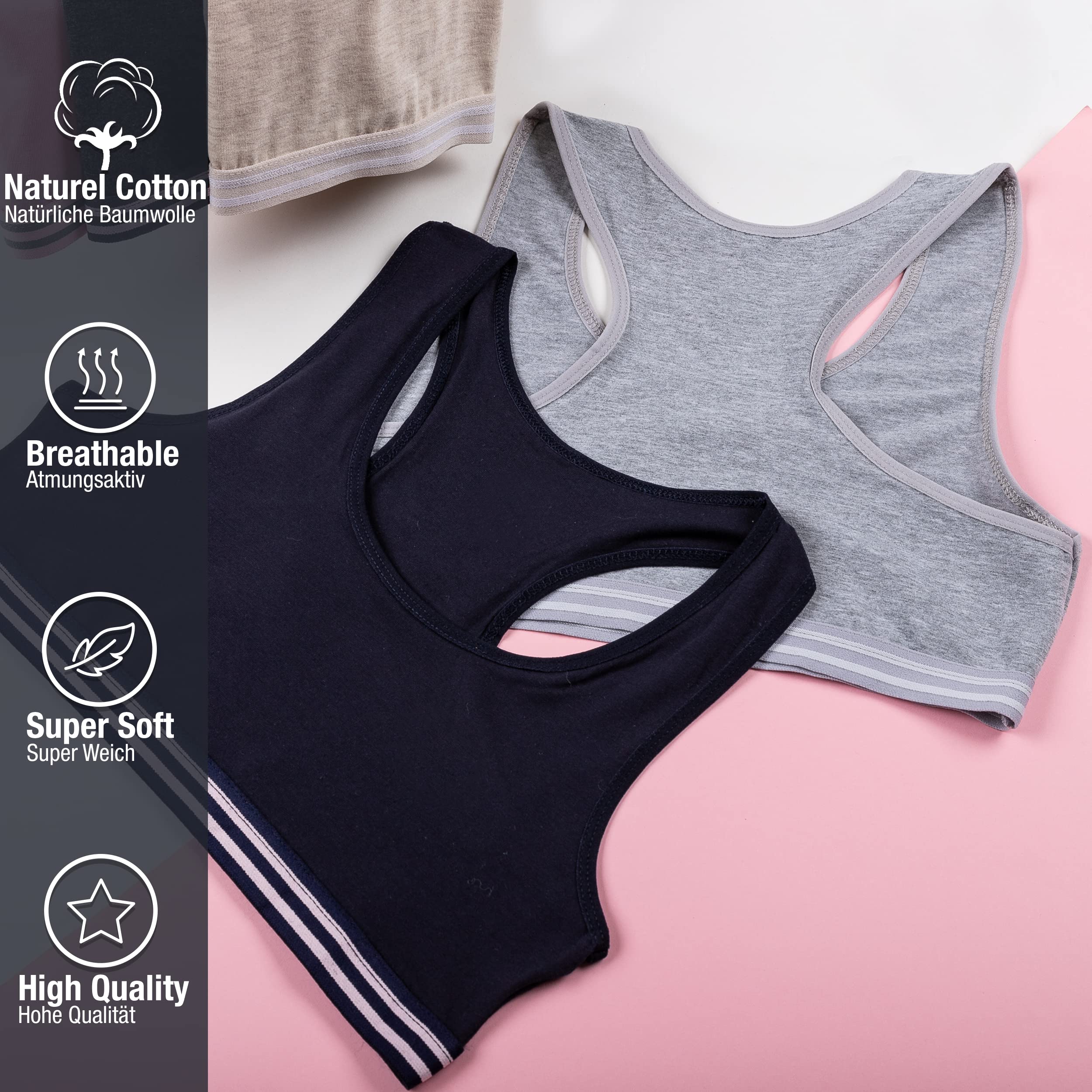 LOREZA ® 5 Brassières pour Filles en Coton Soutien-Gorge Sport à Dos croisé Top à Bretelles sous-vêtements pour Enfants