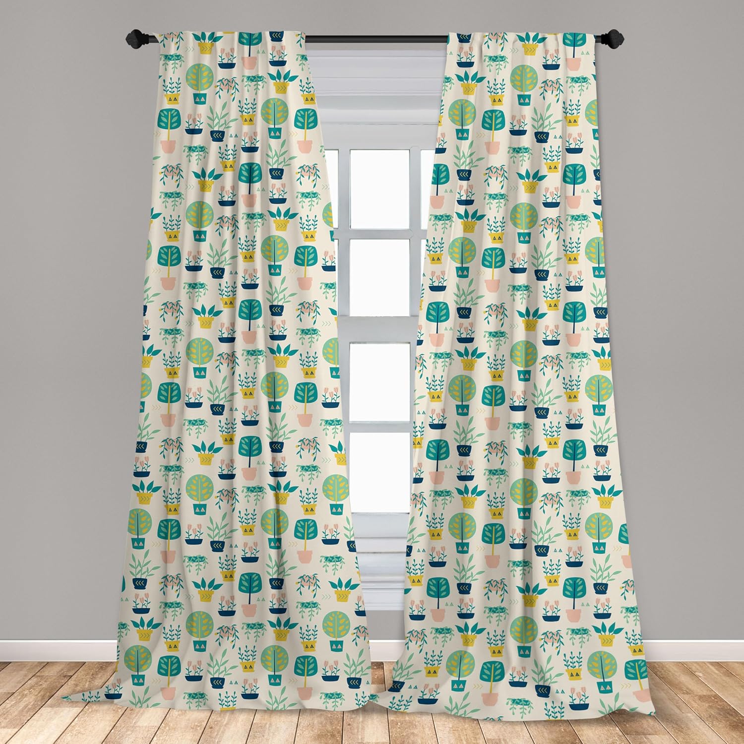 Lunarable Botanical Curtains, Vintage Design Doodle Pattern of Home Plants and Flowers in Pots, Window Treatments 2 Panel Set for Living Room Bedroom, Pair of - 28" x 63", Eggshell Green