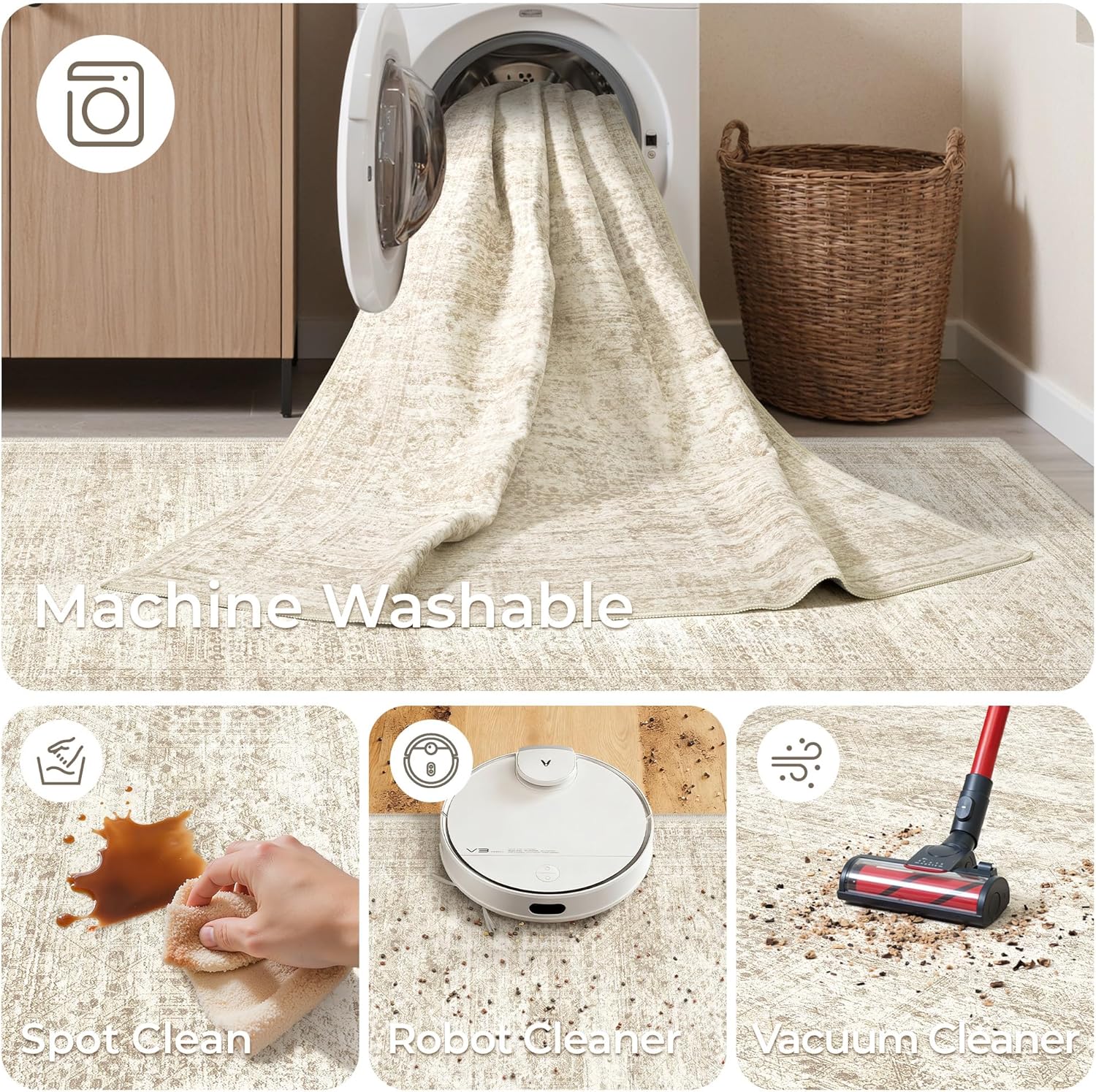 Rug Runners for Hallways Non Slip - 2x8 Runner Rug for Bedroom, Washable Runner with Rubber Backing, Soft Low-Pile Carpet for Kitchen, Laundry, Bathroom (2'x8', Beige/Ivory) - Image 8