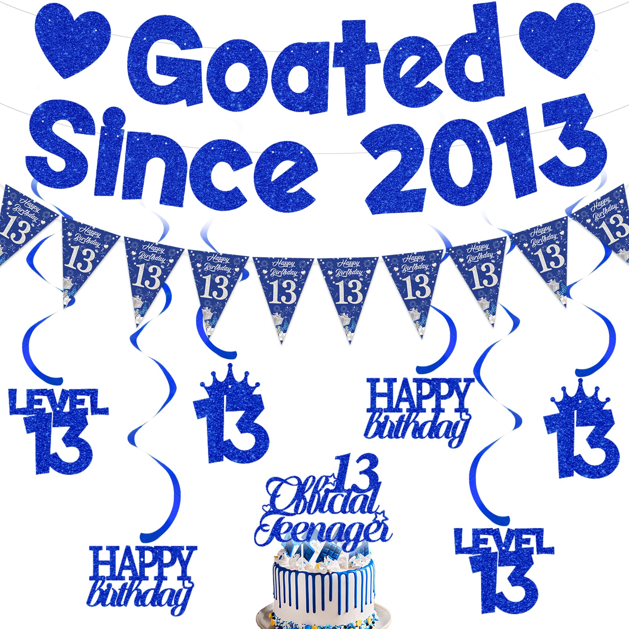Goated Since 2013 13th Birthday Decorations - Navy Blue Happy 13th Bday Anniversary Banners Decor Set for Boy Girl, 13 Year Old Party with Triangular Bunting Cake Topper Hanging Swirls