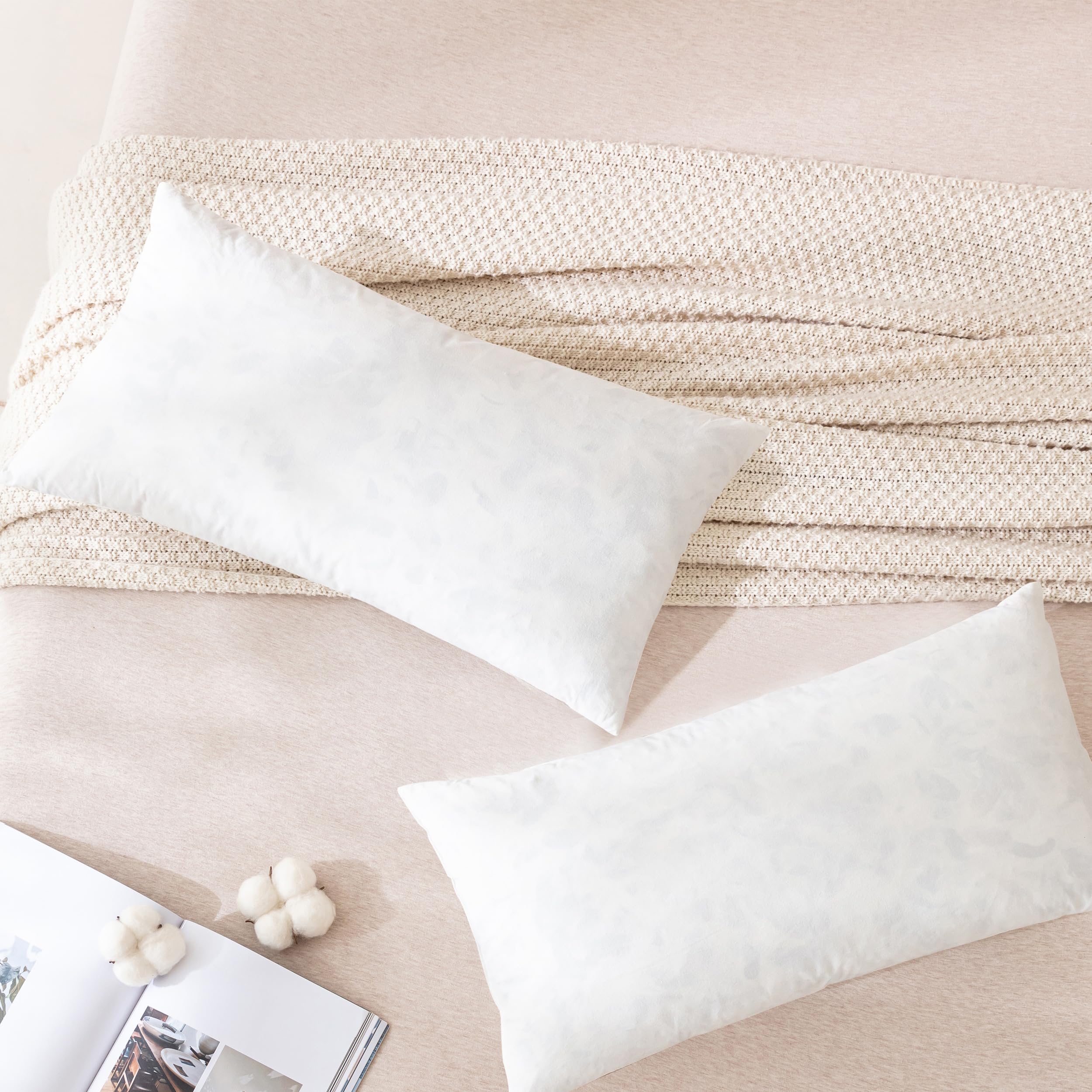 Dorrin Nessin 14x40 Inches Feather Throw Pillows Insert (White, Pack of 2), Bed and Couch Decorative Stuffer Pillows - Indoor Decorative Pillows with 100% Feather-Proof Cotton Cover