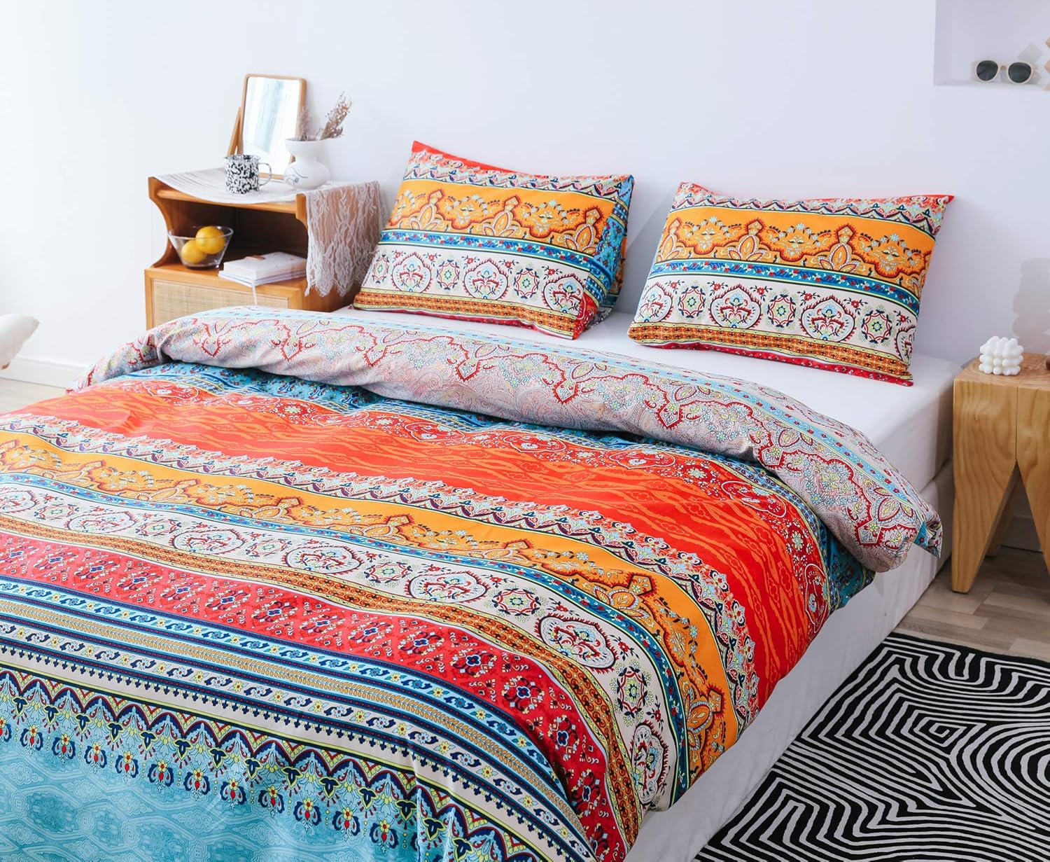 JANZAA Comforter Set Boho Comforter Set,Bohemian Comforter Set 3 PCS Boho Bedding(1 Queen Comforter Set &2 Pillow Cases) Bohemian Floral Pattern Bedding Set for All Season