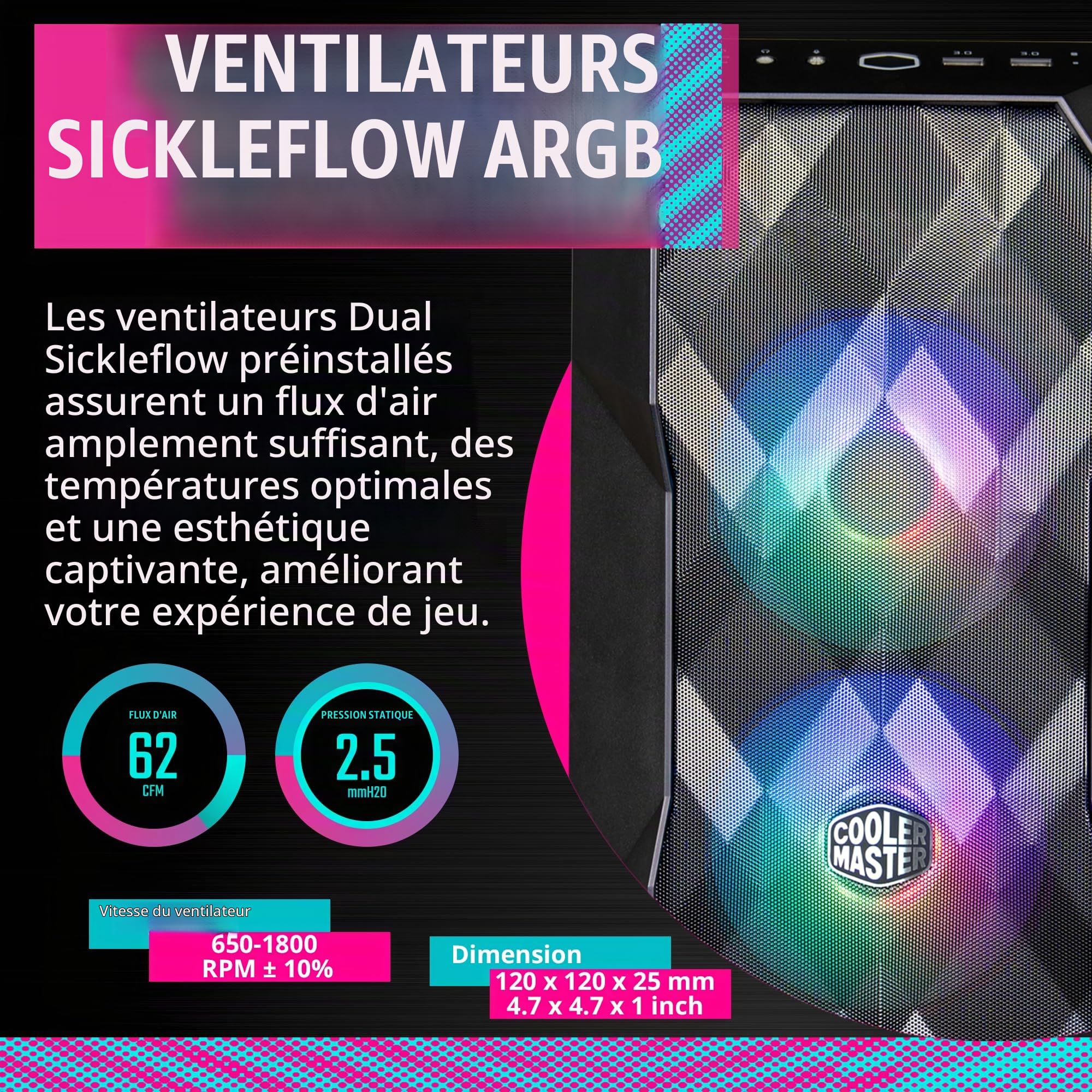 Cooler Master TD300 Mesh Boîtier PC Mini Tour, Flux d'air Élevé, 2 Ventilateurs Intake ARGB 120mm, Carte Mère Micro-ATX & Mini-ITX, Panneau Latéral Verre Trempé, Couvercle Amovible, Hub ARGB/PWM