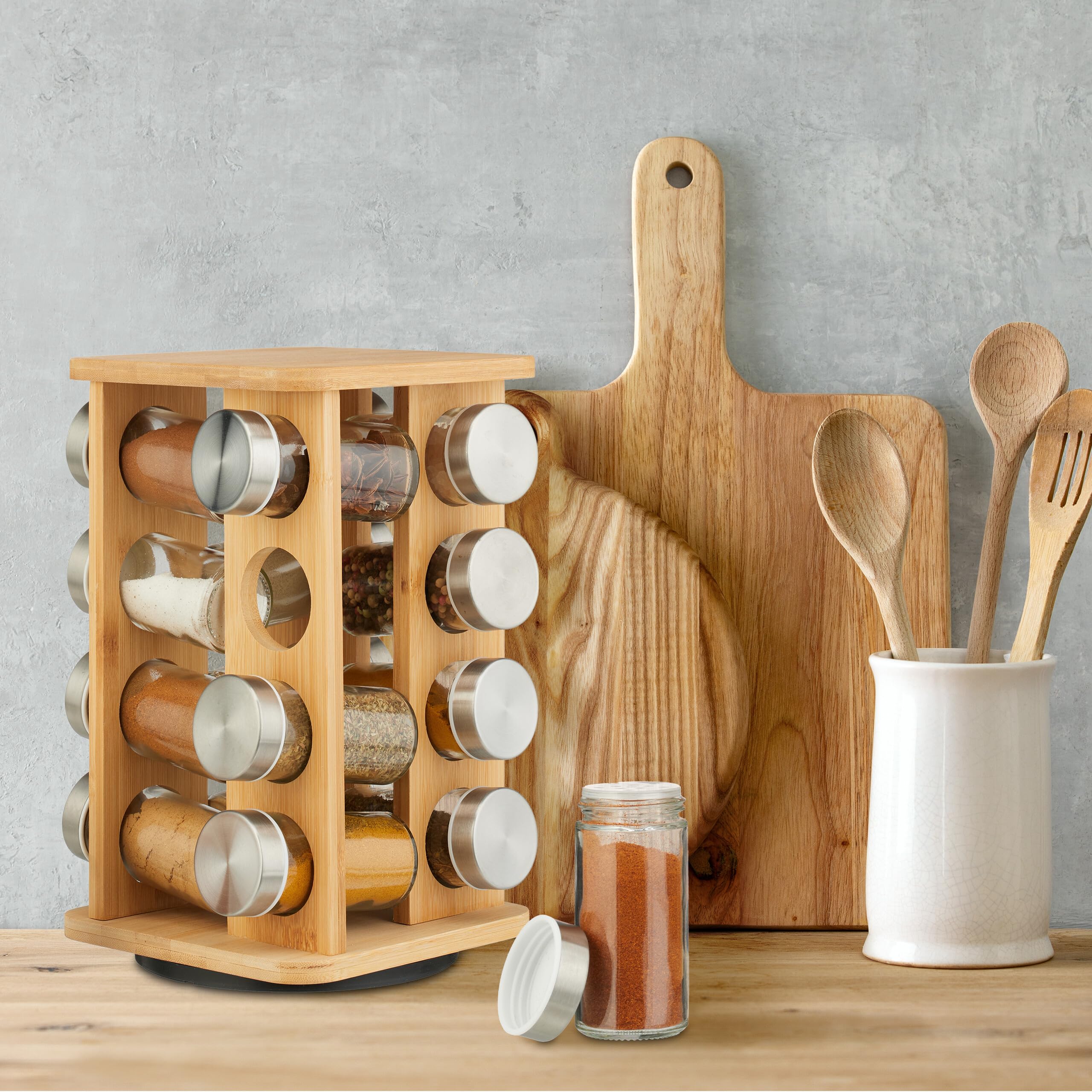 Relaxdays Especiero para Cocina, 16 Tarros, Giratorio 360°, Estante de Especias, Hierbas, 27 x 17 x 17 cm, Natural