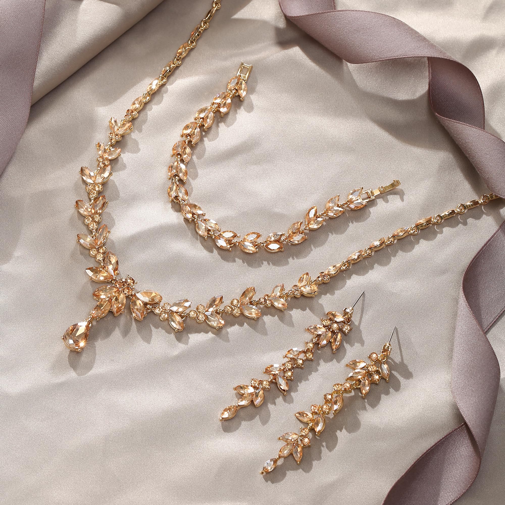 EVER FAITH Marquise Cristalli Party Set Gioielli per la Sposa, Splendido Foglia Strass Collana Orecchini pendenti Tennis Bracciale Marrone Oro-fondo