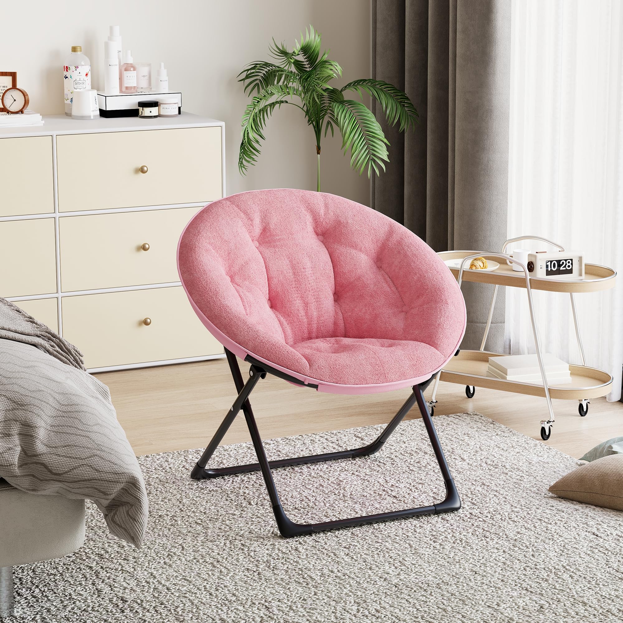 Aptliton Foldable Moon Chair with Sturdy Metal Legs, Modern Lounge Chairs with Soft Vanity & Accent for Bedroom, Living Room, Dressing Area, Saucer Seat, Round Reading Seats, Pink with Black Legs