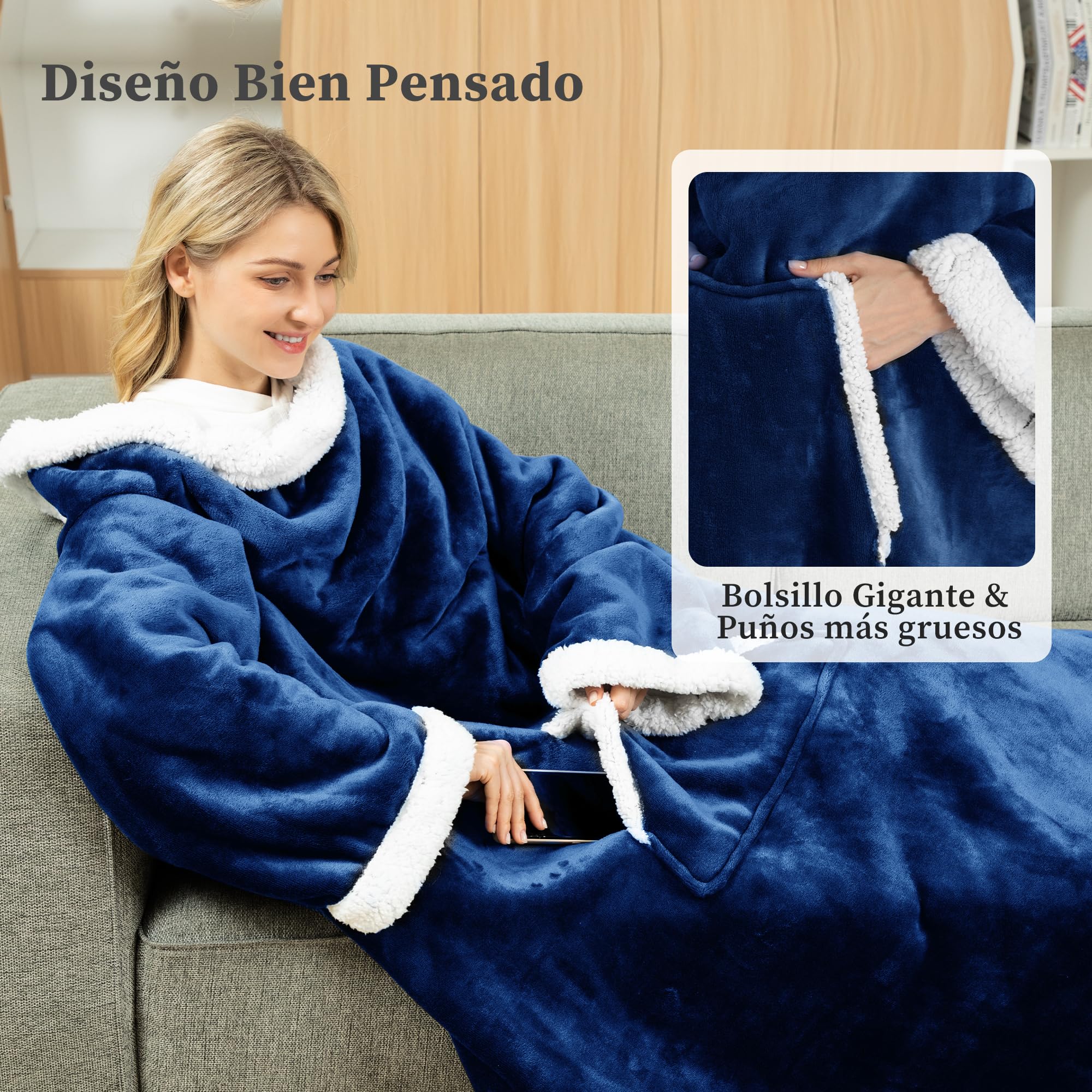 Winthome Manta con Mangas Gruesa, Batamanta Doble con Bolsillo, Plaid Sofa Hombre Mujer, Bata Blanket Polar Suave y Caliente, Regalos, Ahorrar Costes de Calefacción (Azul Oscuro, 140x180cm)