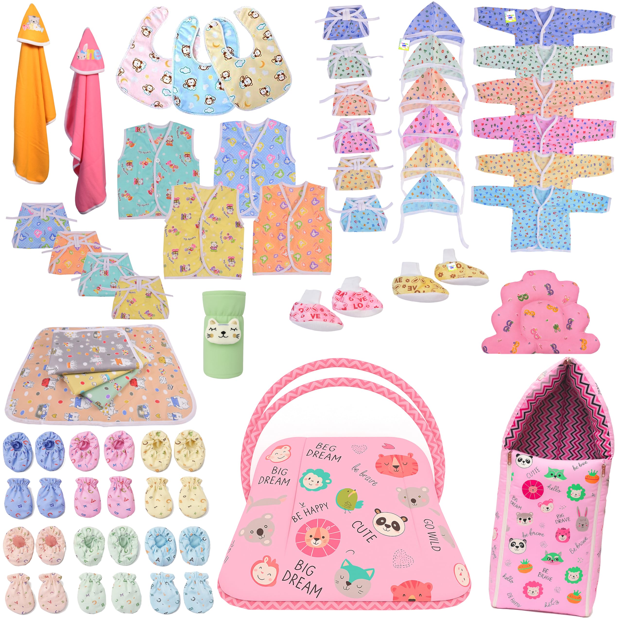Kwitchy Newborn Baby Essentials Kit 53 Items Combo | New Born Baby Kit 0–6 Months | Baby Bed Bedding & Clothes Set | Newborns Hospital Bag & Infant Shower Gift (Pink)-image-44