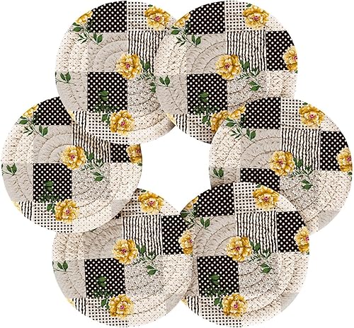 Miniatura 2 de Cup Coasters with Holder Set of 6 Cup Coasters for Table Minimalist Coasters Porta Vasos para Mesas Black and White Plaid Stripes