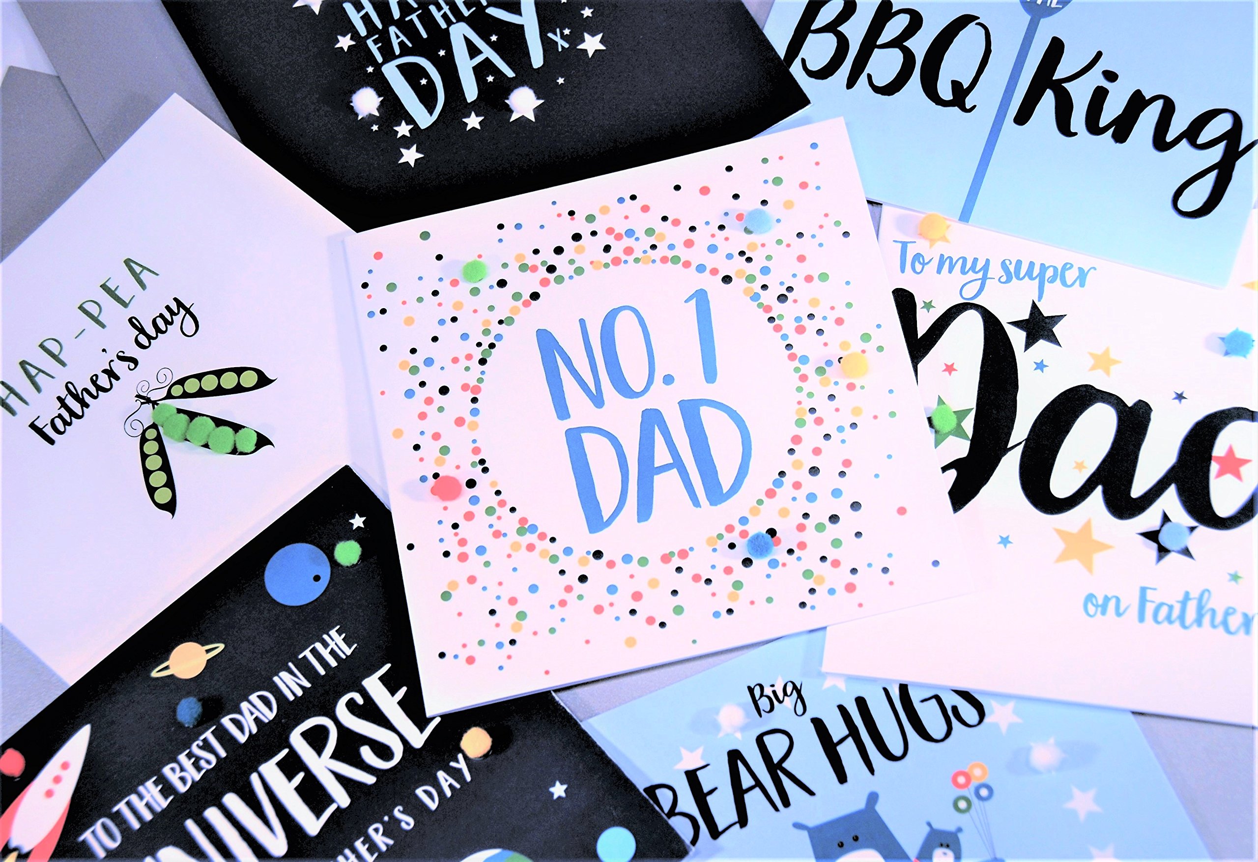 Claire Giles Greeting Cards, Happy Father's Day Card, White Stars Design Father's Day Card, Embellished with Colourful Pompoms - Image 4