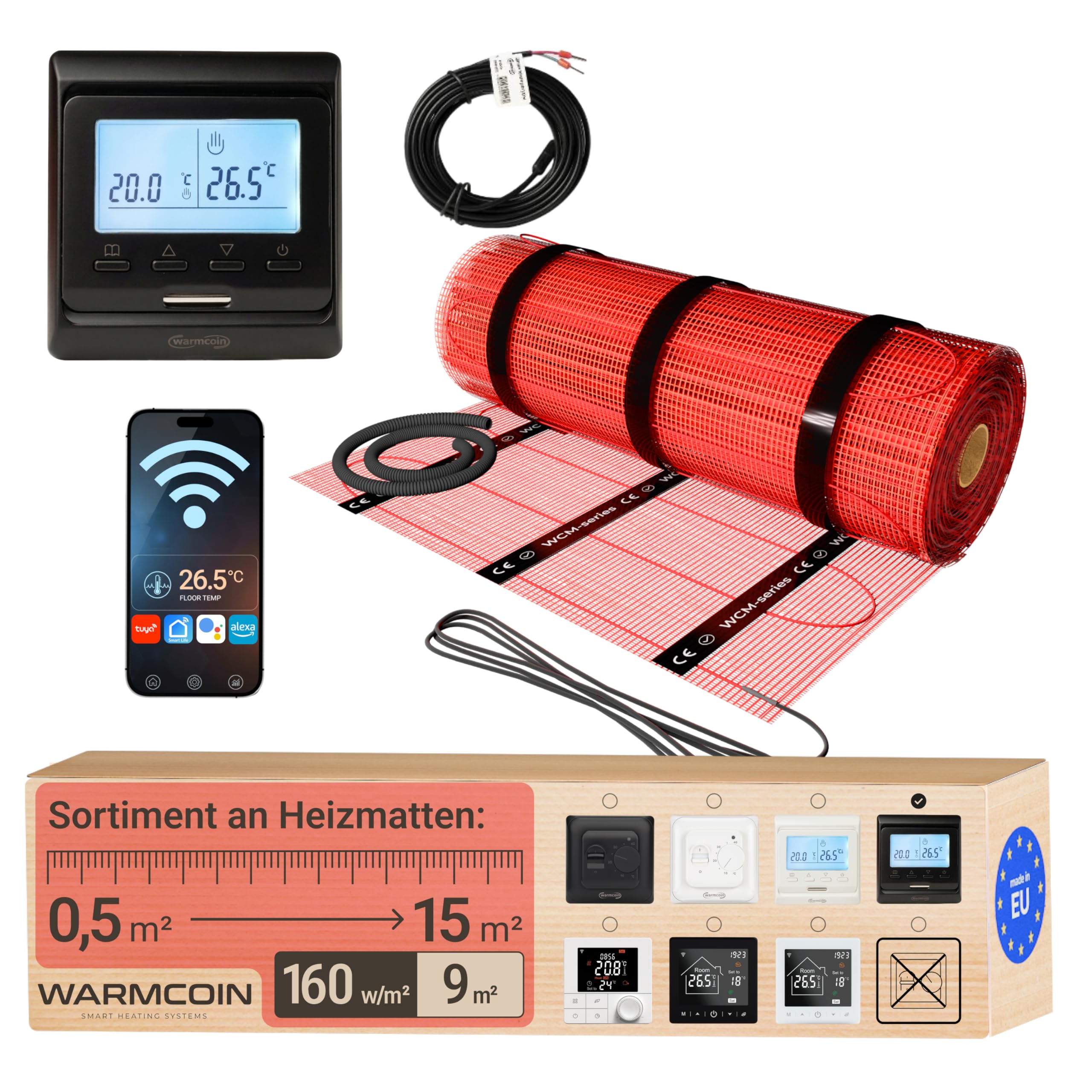 Kit Completo Riscaldamento a Pavimento Elettrico 160W/m² – Stuoia Autoadesiva 9,0 m² (0,5x18m) – Per Piastrelle, Laminato e Parquet – Con Termostato WiFi W51 Nero