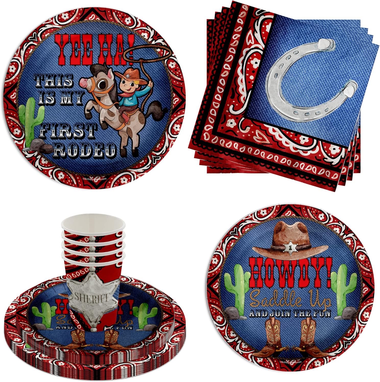 My First Rodeo Cowboy Birthday Party Supplies - 64 Piece Western 1st Birthday Tableware Set Includes Large 9" Dinner Plates and 8" Dessert Paper Plates Napkins Cups - Kit for 16