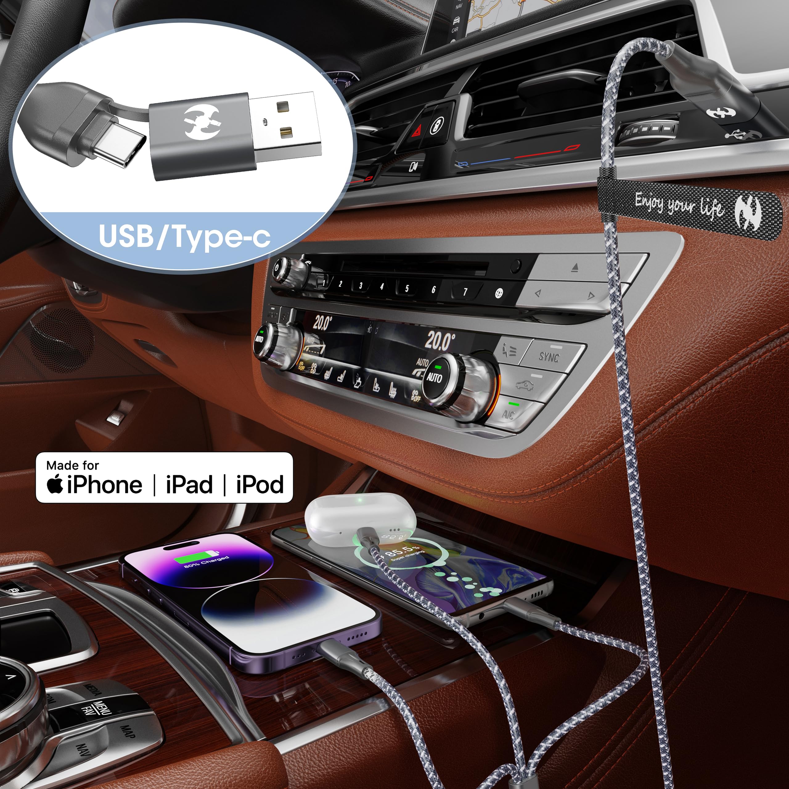 IDISON Cavo di ricarica multiplo (1,2 m, confezione da 3), cavo di ricarica 3 in 1, essenziale da viaggio, cavo intrecciato in nylon intrecciato USB A/C, cavo di ricarica per iPhone e iPhone con USB