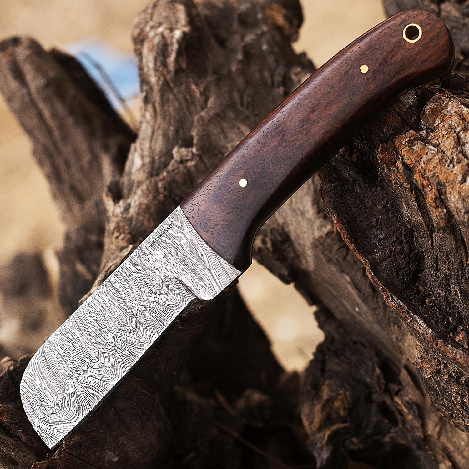 Custom Handmade Damascus steel Bull cutter knife, cowboy knives with pancake leather sheath (ROSE WOOD)