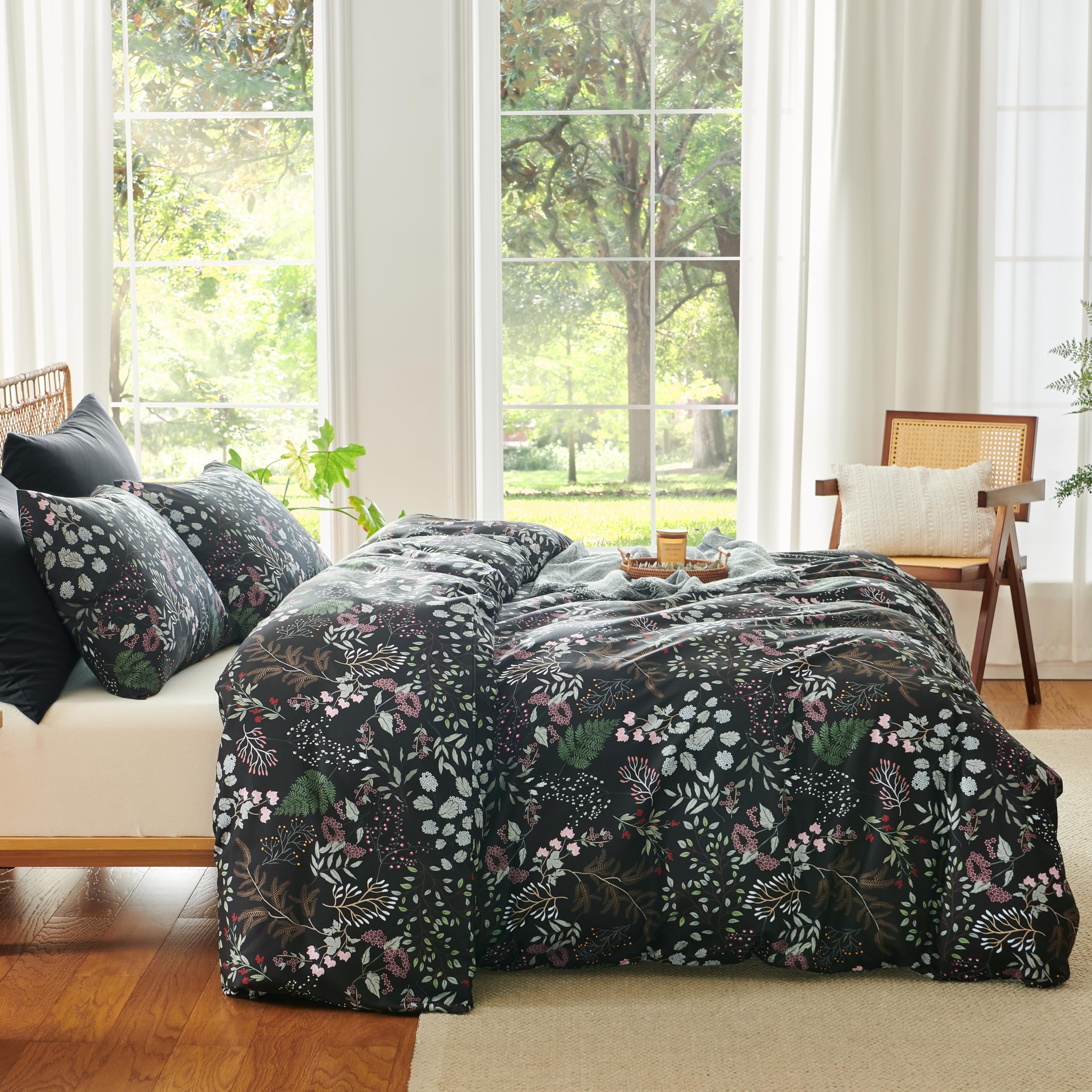 Floral Comforter Set Queen - Elegant Black Flower Bedding -4