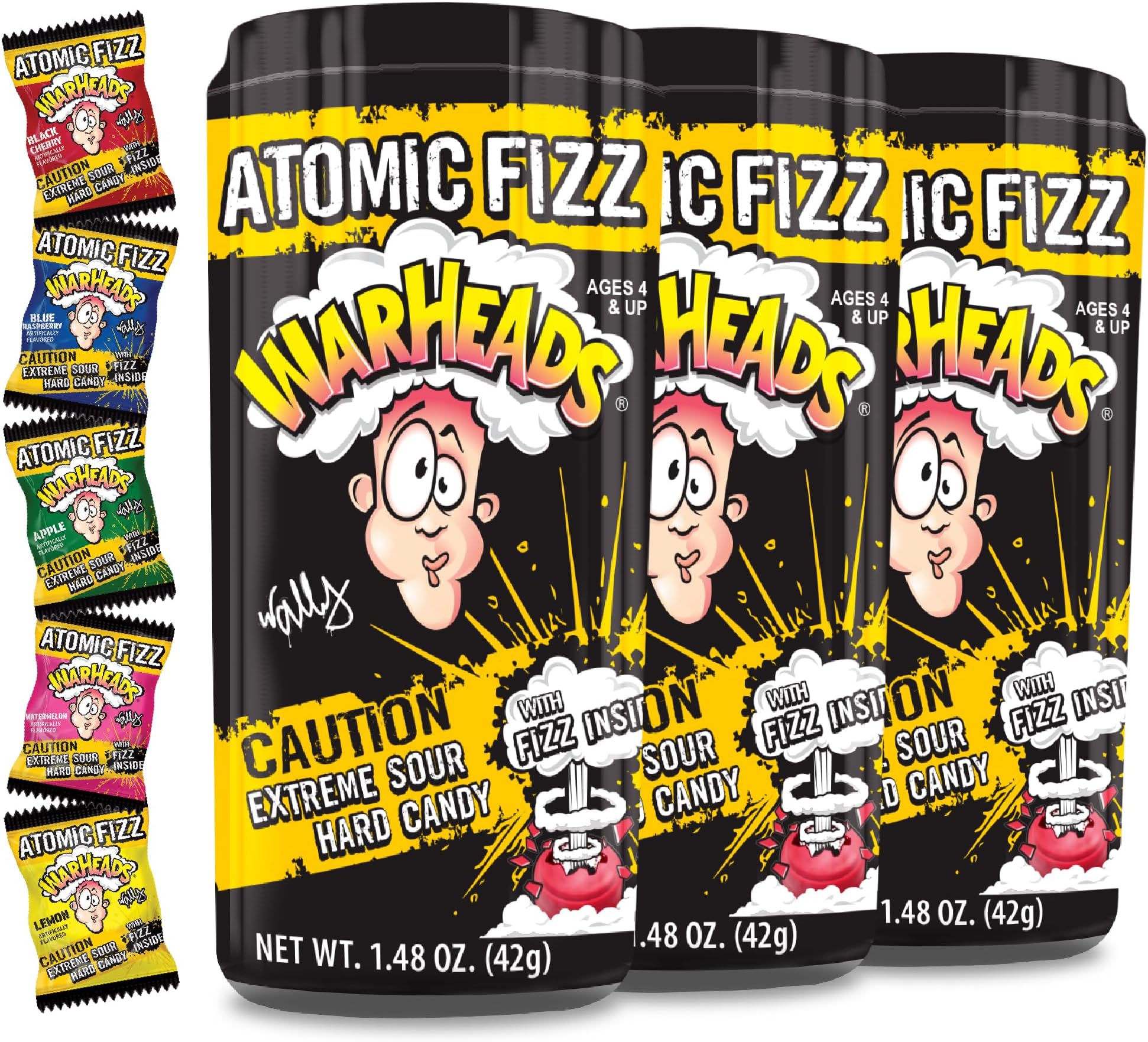 WARHEADS Atomic Fizz - Extreme Sour Fizzing Hard Candy - Sour Apple, Black Cherry, Blue Raspberry, Lemon & Watermelon Flavors - 1.48 oz Canisters - 3 Pack