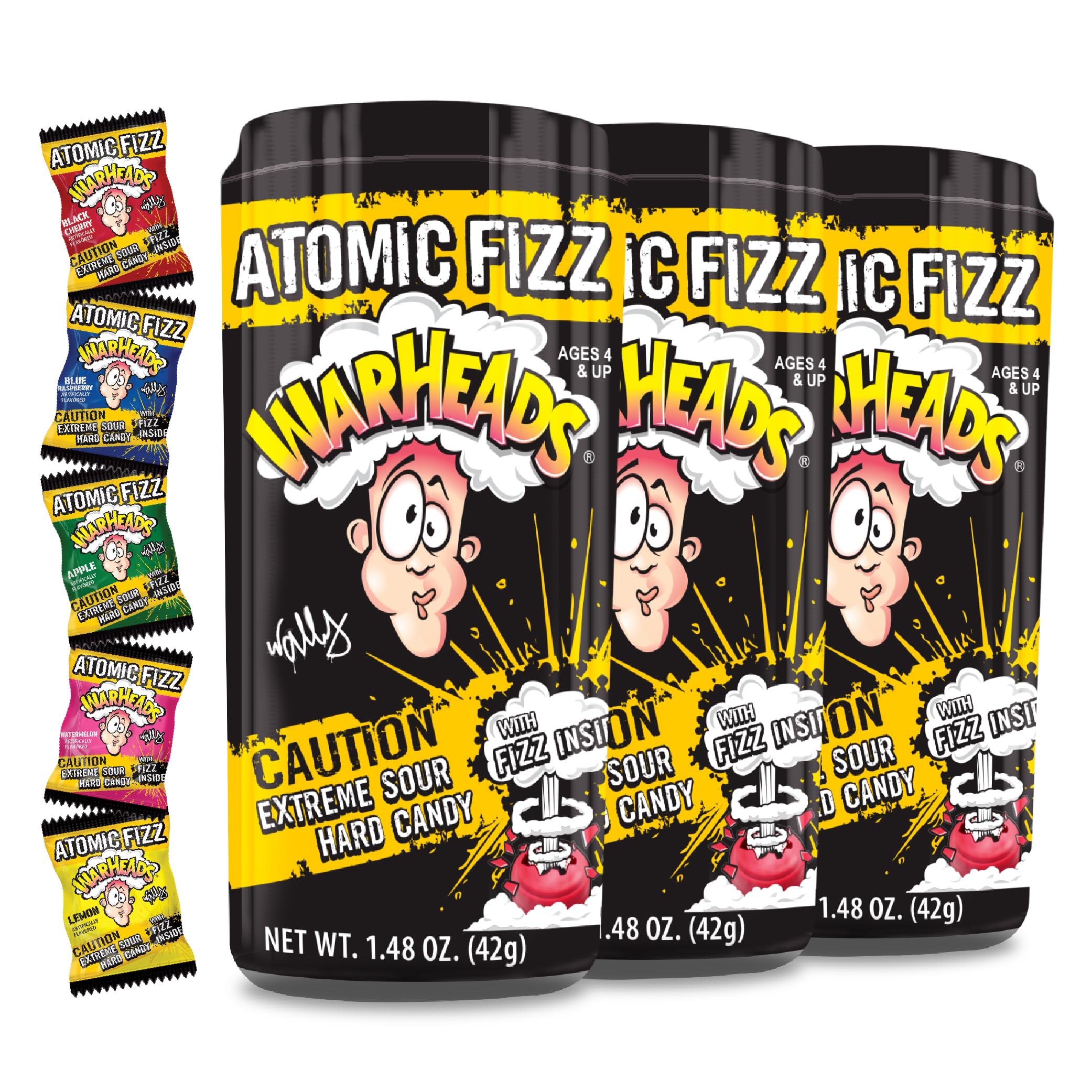 WarheadsAtomic Fizz - Extreme Sour Fizzing Hard Candy - Sour Apple, Black Cherry, Blue Raspberry, Lemon & Watermelon Flavors - 1.48 oz Canisters - 3 Pack