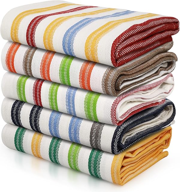 100% Cotton Tea Towels for Kitchen with Hanging Loop | 70 cm x 45 cm | Scratch Free, Machine Washable Dish Towels for drying dishes | Lint-Free, Super Absorbent Stripe Kitchen Towels (5 Pack)