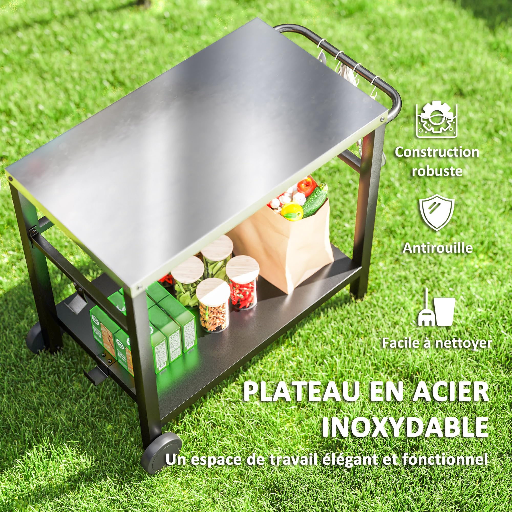 Outsunny Desserte plancha extérieure avec Plan de Travail en Acier Inoxydable, Chariot de Barbecue avec étagère, desserte de Jardin avec Crochets, Porte-Serviettes, 2 Roues, 102x50x81cm, Gris Charbon
