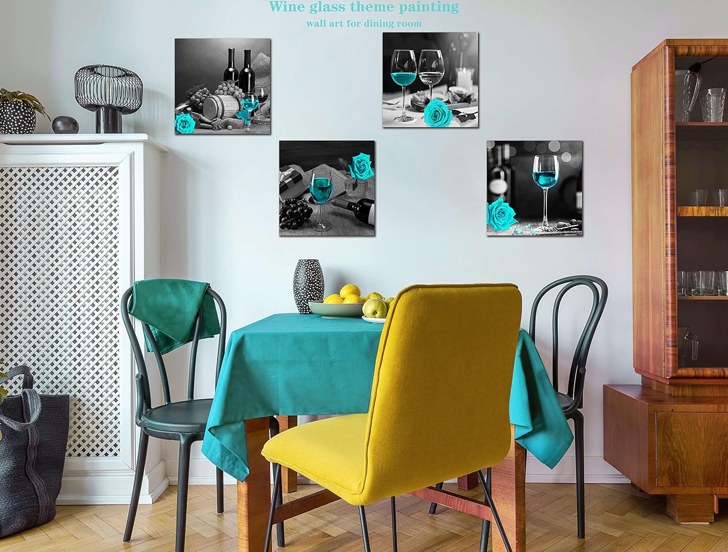 Large Kitchen Wall-Art - Teal Wine Wall Art For Living Room - Modern Rose Artwork 4 Pieces Framed Canvas Art 20x20 Inches