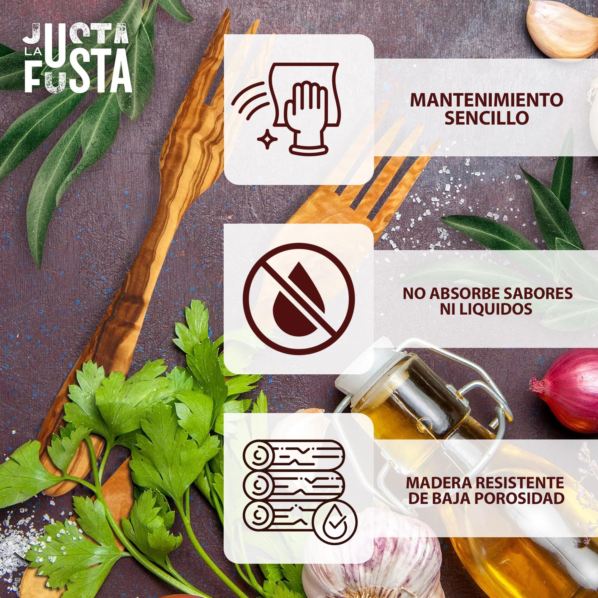 Tenedor De Madera De Olivo Para Cocinar, 30 Cm | Utensilios De Cocina Artesanales Resistentes, Hechos en España | Largos
