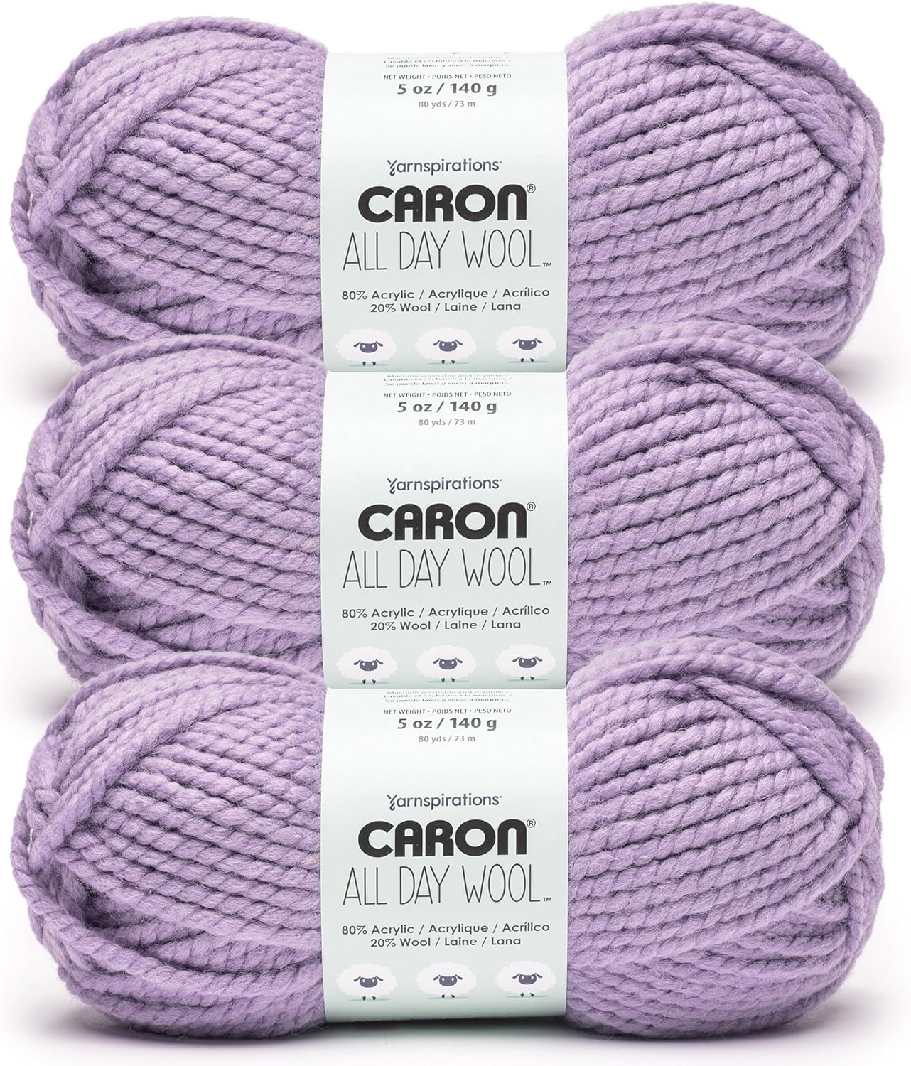 Caron All Day Wool Mulberry Yarn - 3 Pack of 170g/6oz - 80% Acrylic 20% Wool - # 6 Super Bulky - 108 Yards - Knitting/Crochet