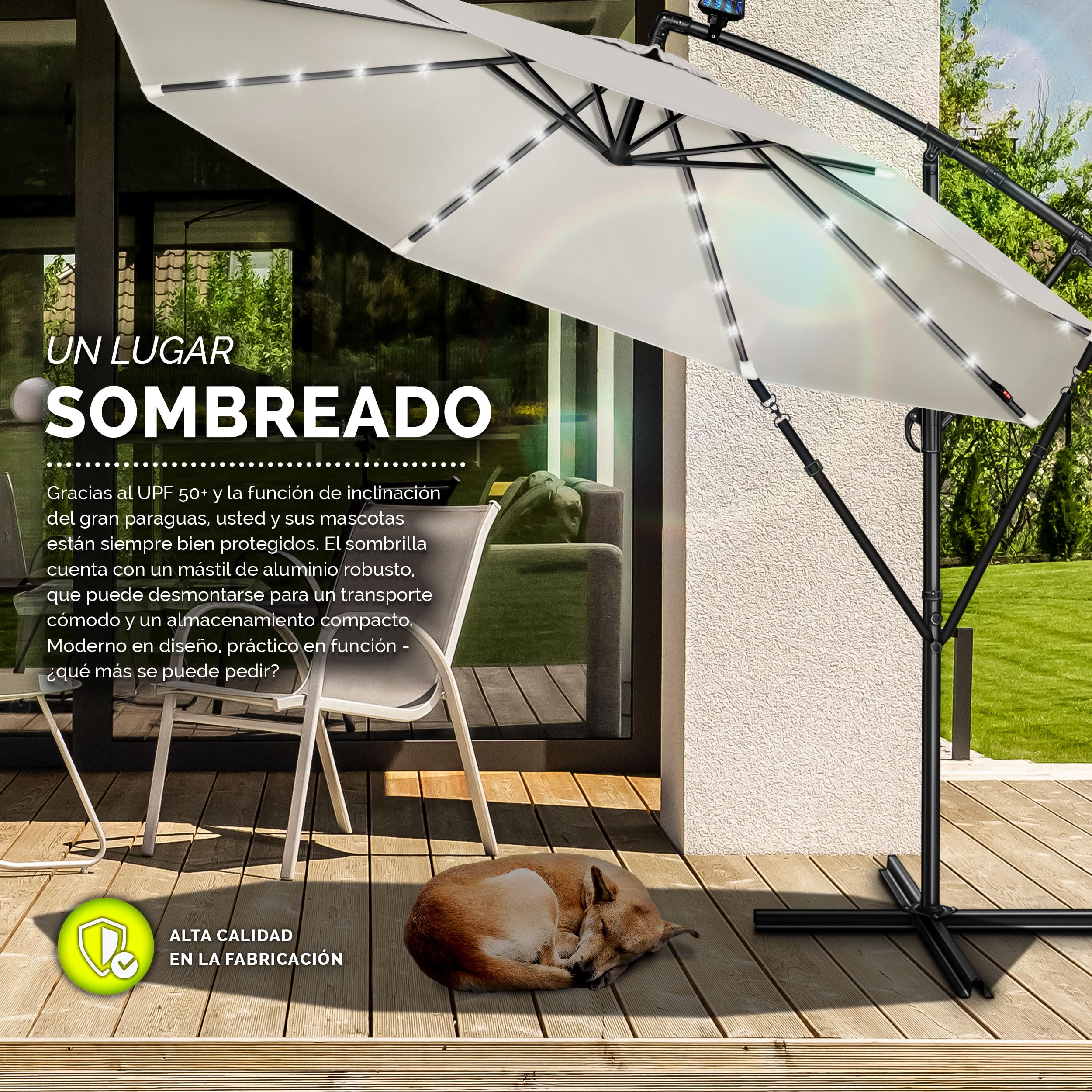 tillvex 300/350 cm Sombrilla Excentrico con 32 Luces LED Solar | Parasol para Terraza Jardín Balcón Patio | con Manivela y Base en Cruz, Giratorio 360º, Protección UV