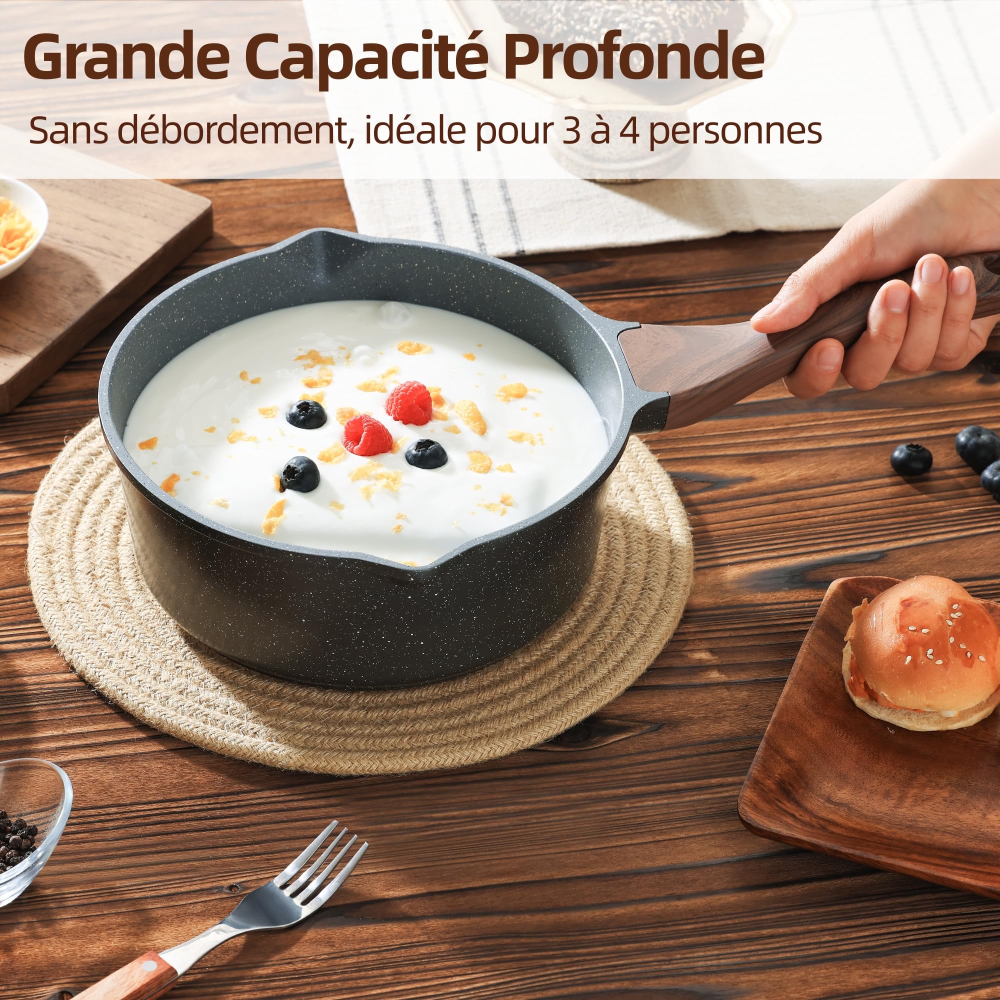 SENSARTE Casserole Induction 22 cm 3L Antiadhésive, Revêtement Granit, Couvercle Verre, 2 Becs Verseurs, Poignée Ergonomique, Compatible Tous Feux et Lave-Vaisselle