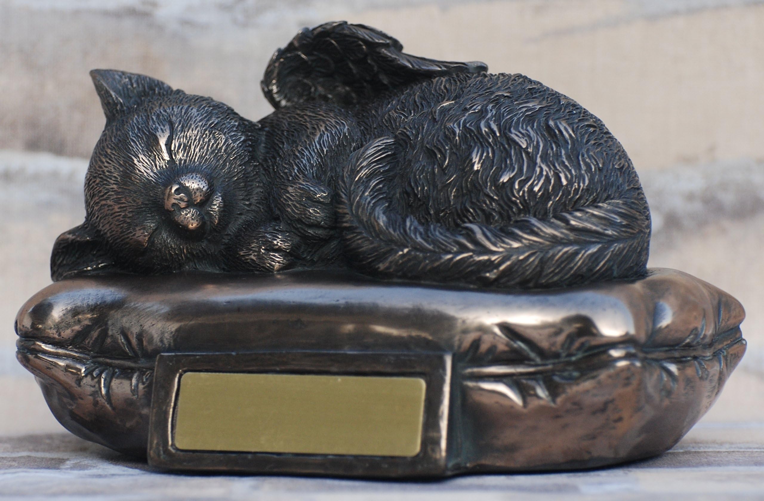 Mayer Chess Cat urn bronze as Cat-Angel figurine and engraving sheet, animal urn