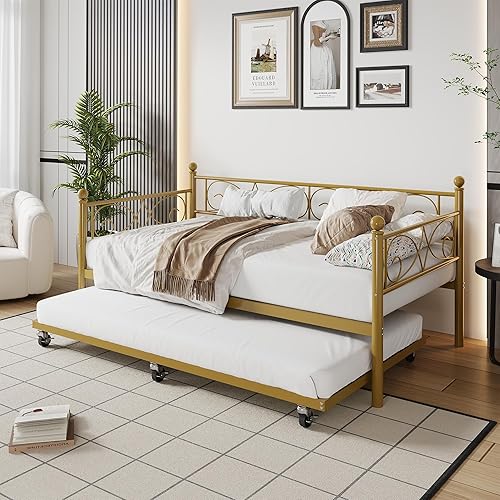 IDEALHOUSE Twin Daybed with Trundle, Metal Trundle Bed, Sofa Bed Frame, Heavy Duty Metal Slats, for Living Room, Bedroom, Guest Room, Space Saving, Gold