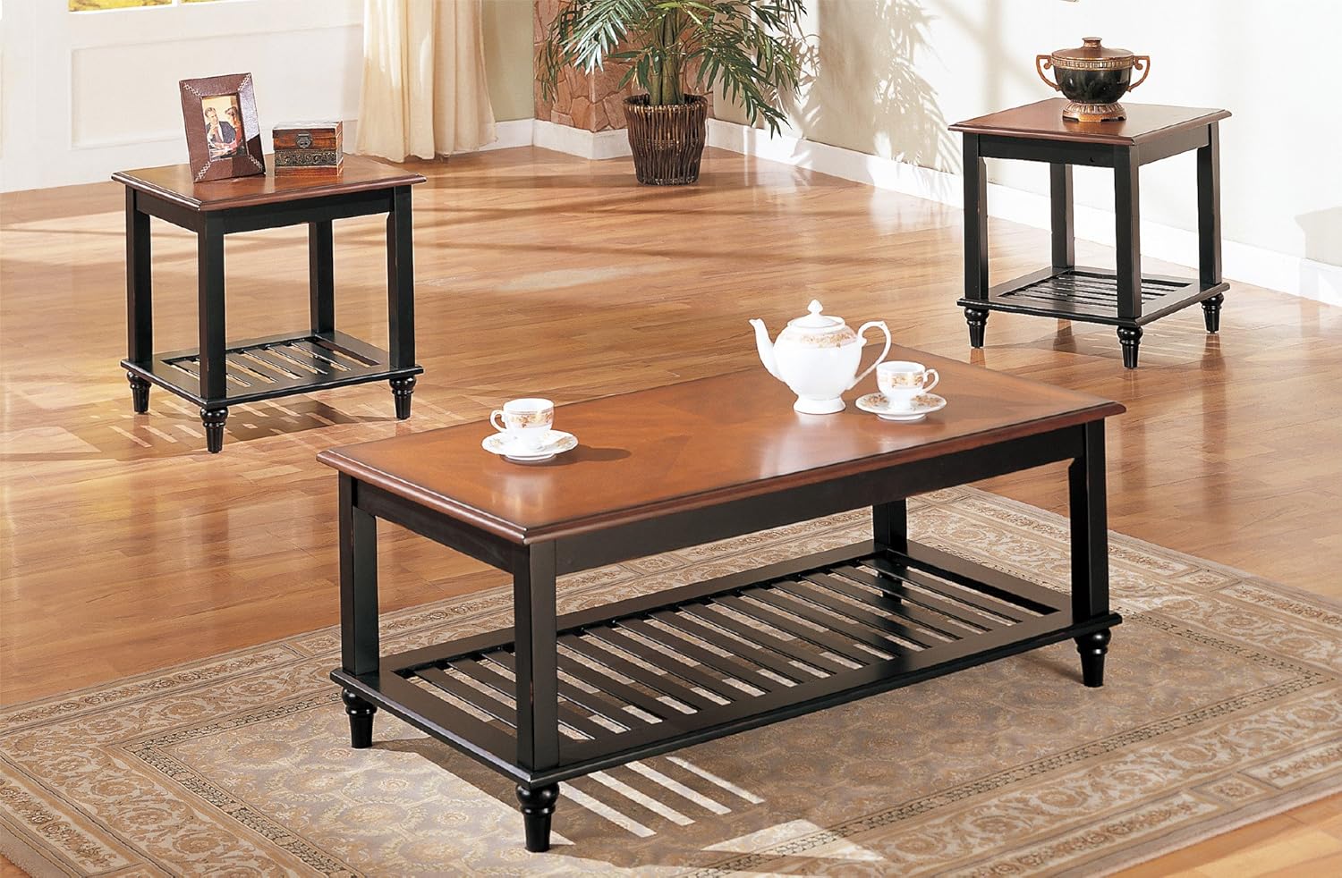 MajorQ 3Pc Black and Oak 2 Tone Wooden Coffee and End