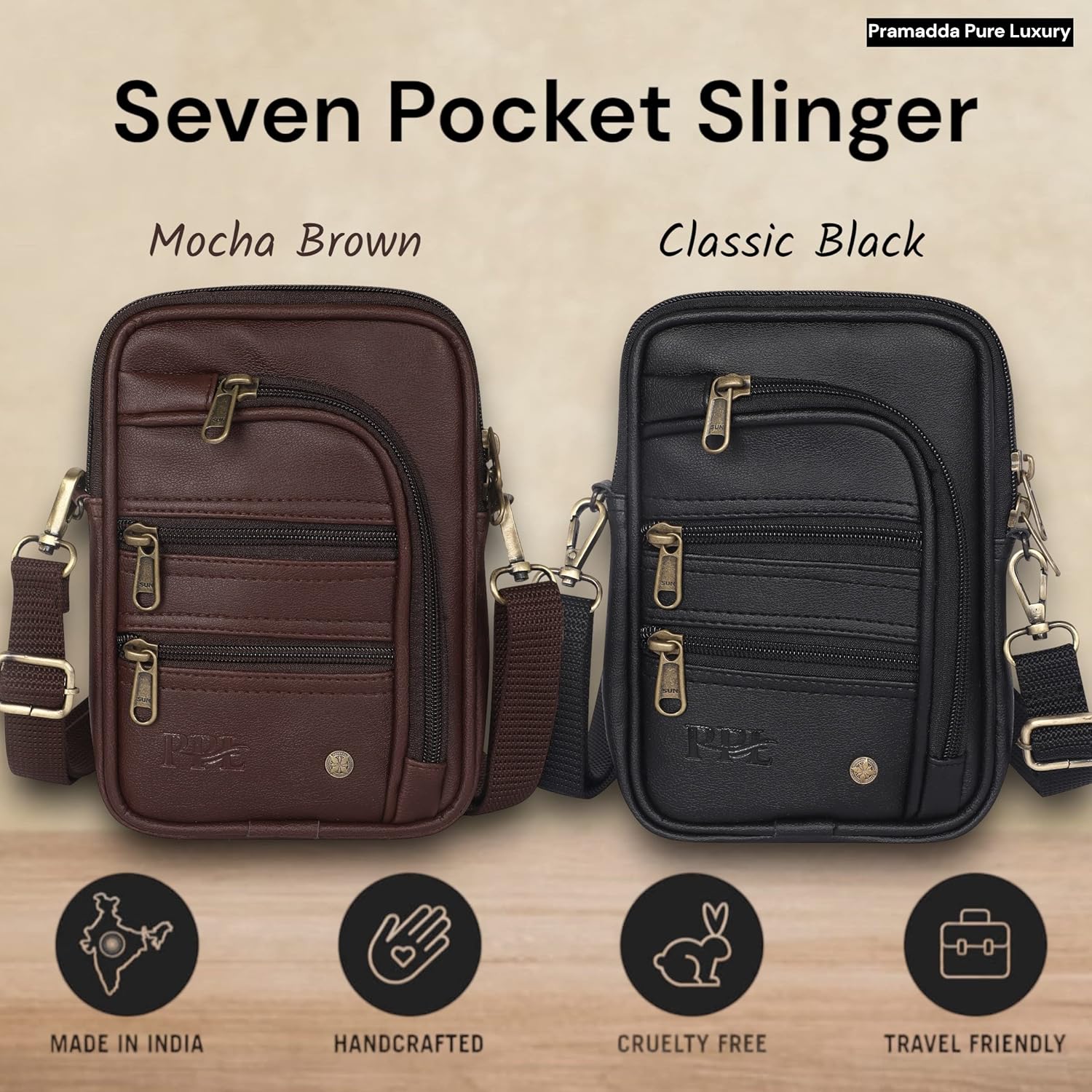 Pramadda Pure Luxury Classic Vegan Leather 7 Pocket Sling Bag For Men and Women | Compact Smart Organiser Messenger Side Mobile Bag For Easy Travel | Special Corporate Gift For Men, Mocha Brown, M