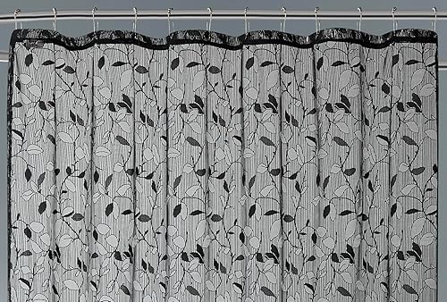 Miniatura 3 de Cortina de ducha de encaje marfil, cortina de ducha de lujo para el baño o cortinas de ducha bohemias para baño, patrón de hojas (negro, 72 pulgadas