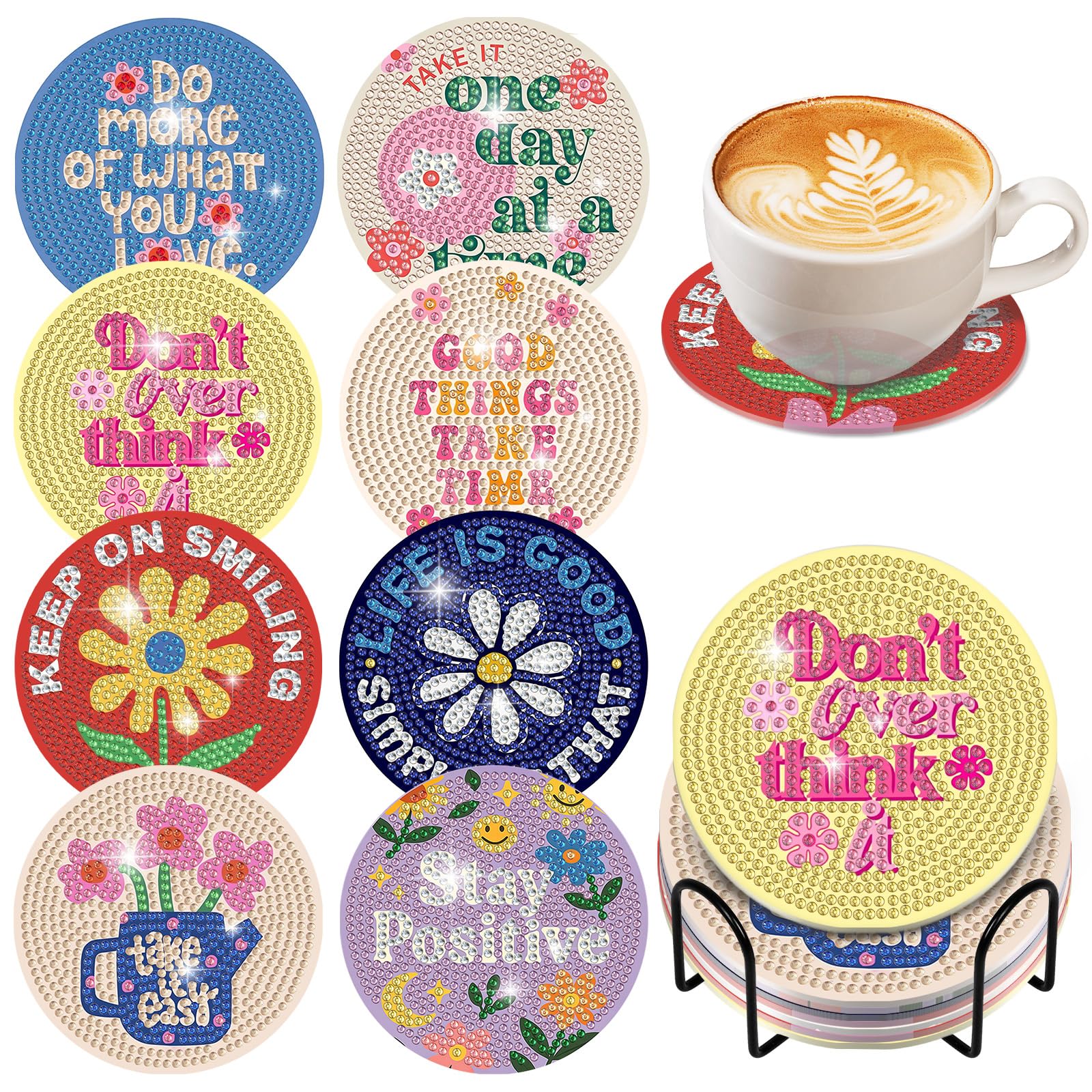 8Pcs Inspirational Diamond Art Coasters Set for Adults with Holder 4x4in โ image 1