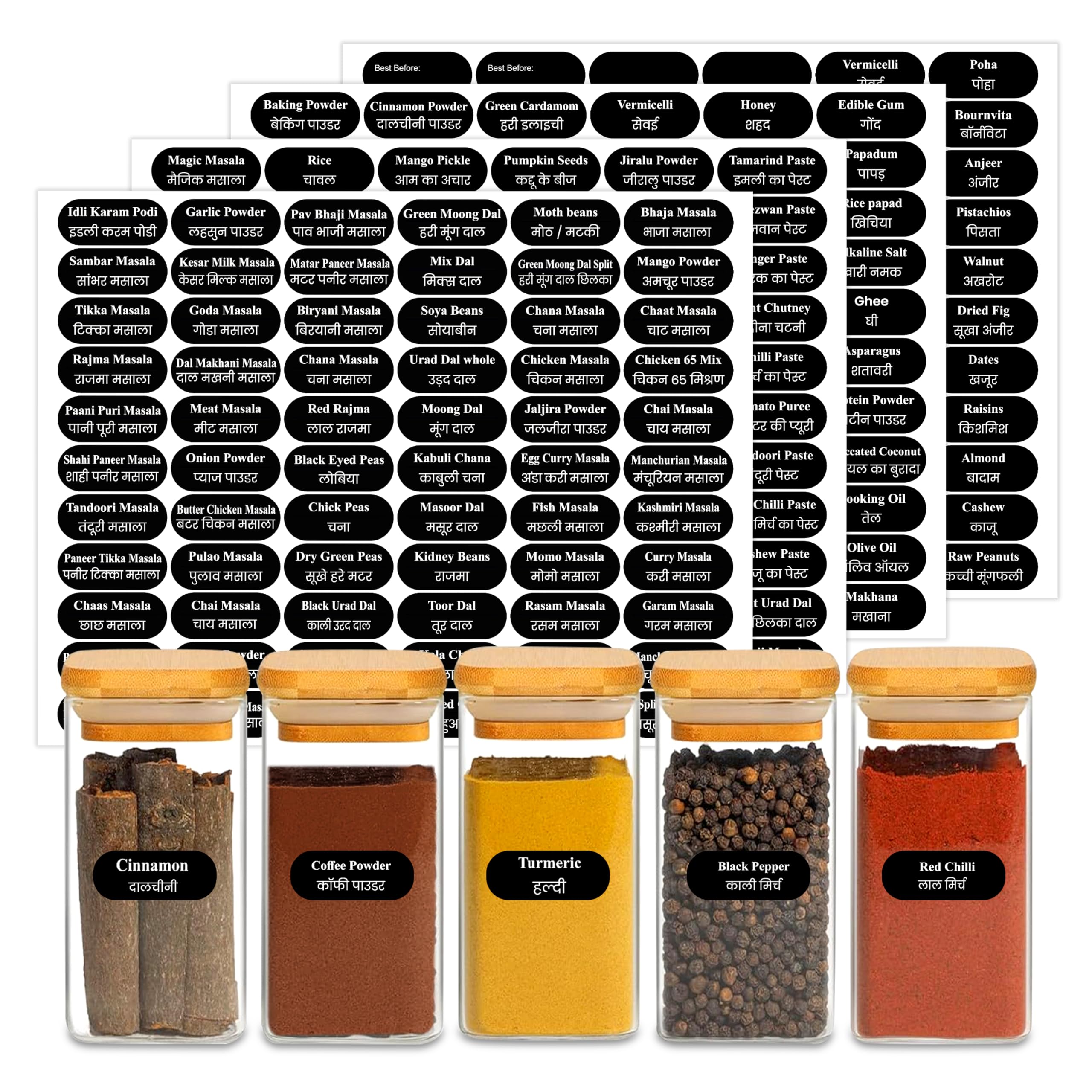 GLUN® 264 Pre-Printed Masala Jar Labels Waterproof Hindi + English Spice Stickers for Kitchen Containers 4 Sheets Label Maker for Jars, Bottles, Spice Rack & Organizer, 264 Labels