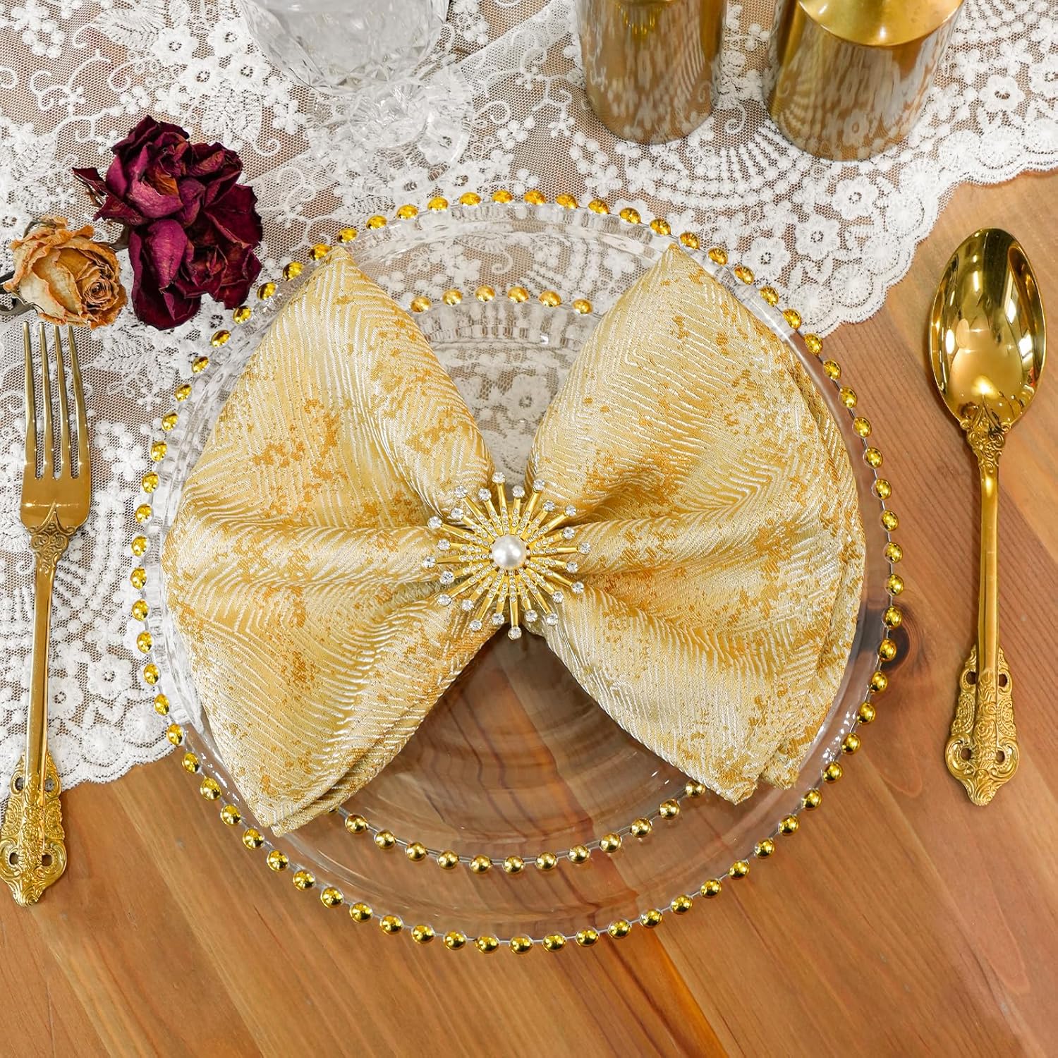 Dinner Cloth Napkins Set of 6, Cotton Polyester Blend Premium Quality, Washable, Soft, Reusable Jacquard Gold Napkins for Wedding, Parties, Thanksgiving, Everyday Use - Gold