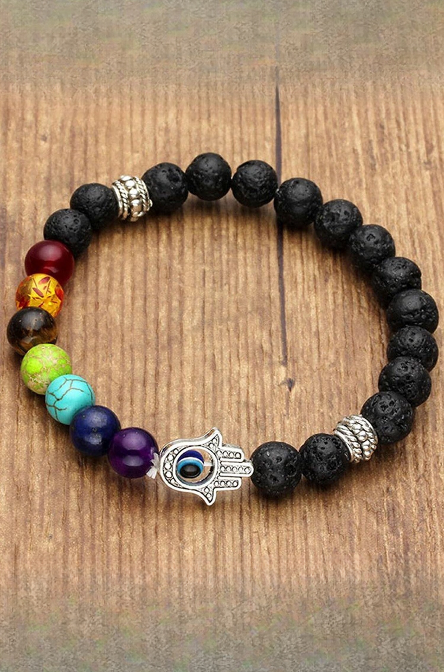 Shining Diva Fashion Spiritual 8mm Lava Rock Beads with 7 Chakra Evil Eye Stylish Unisex Bracelet