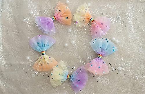 Miniatura 5 de Rainbow - 2 pinzas para el cabello con lazo grande de tul para niñas y mujeres, accesorio elegante para el cabello para cumpleaños, uso diario,