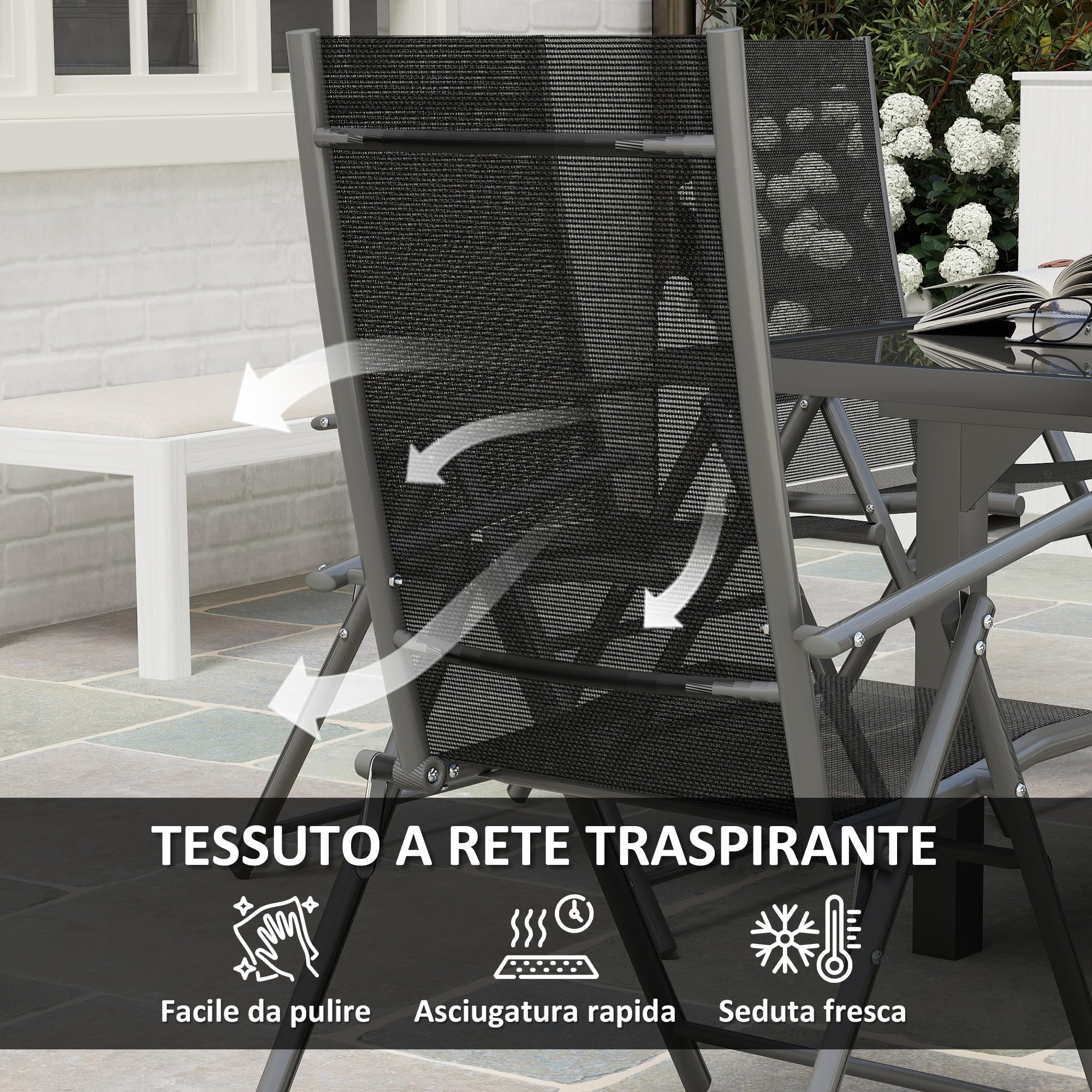 Outsunny Set Tavolo e Sedie da Esterno 7 Pezzi, Tavolo Allungabile con Piano in Vetro, 6 Sedie Pieghevoli con Braccioli, Acciaio e Textilene, Grigio