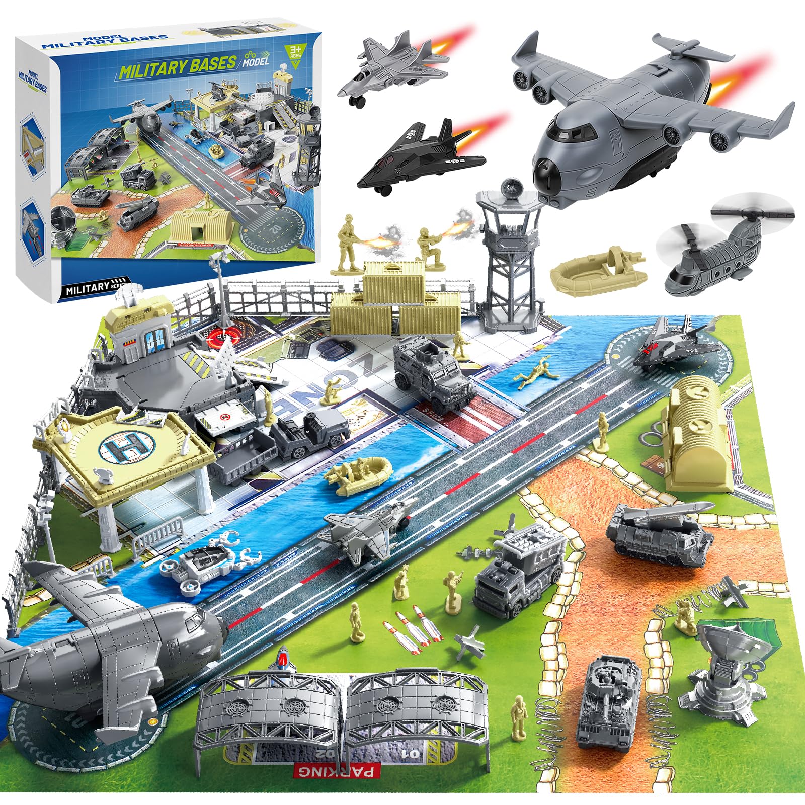 deAO Military Base Set Army Toys with Military Vehicles, Army Soldiers, Helicopters Toys, Play Map, Weapons Accessories, Army Men Playset for 3 4 5 6+ Years Old Kids