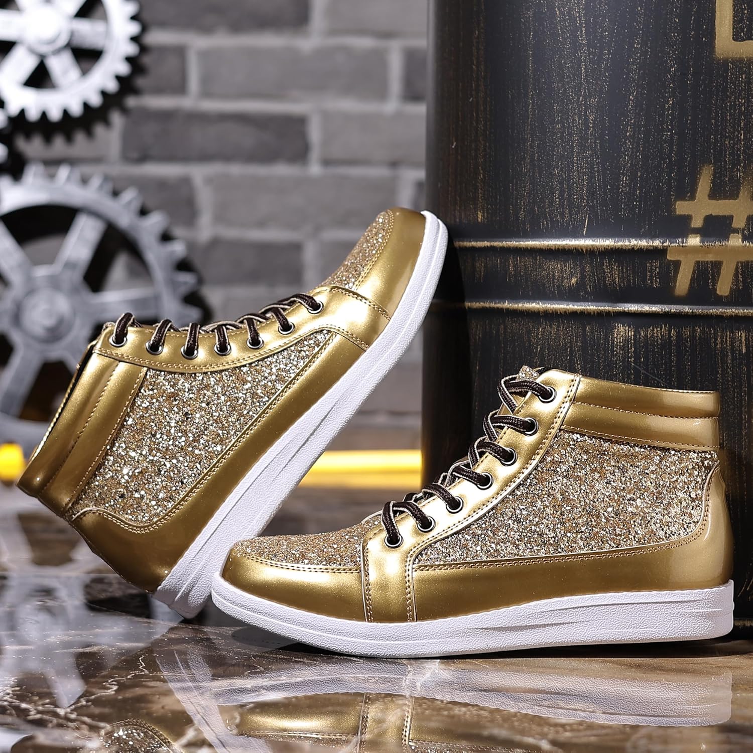 Trsorini Mens Glitter Sparkly Shoes Bling Sequin Lace Boots Fashion Sneakers High Top Casual Shiny Shoes - Image 3