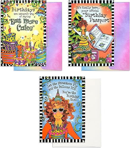 Blue Mountain Arts Surtido de tarjetas de cumpleaños de Suzy Toronto: 3 tarjetas de cumpleaños únicas para celebrar a las maravillosas mujeres de tu