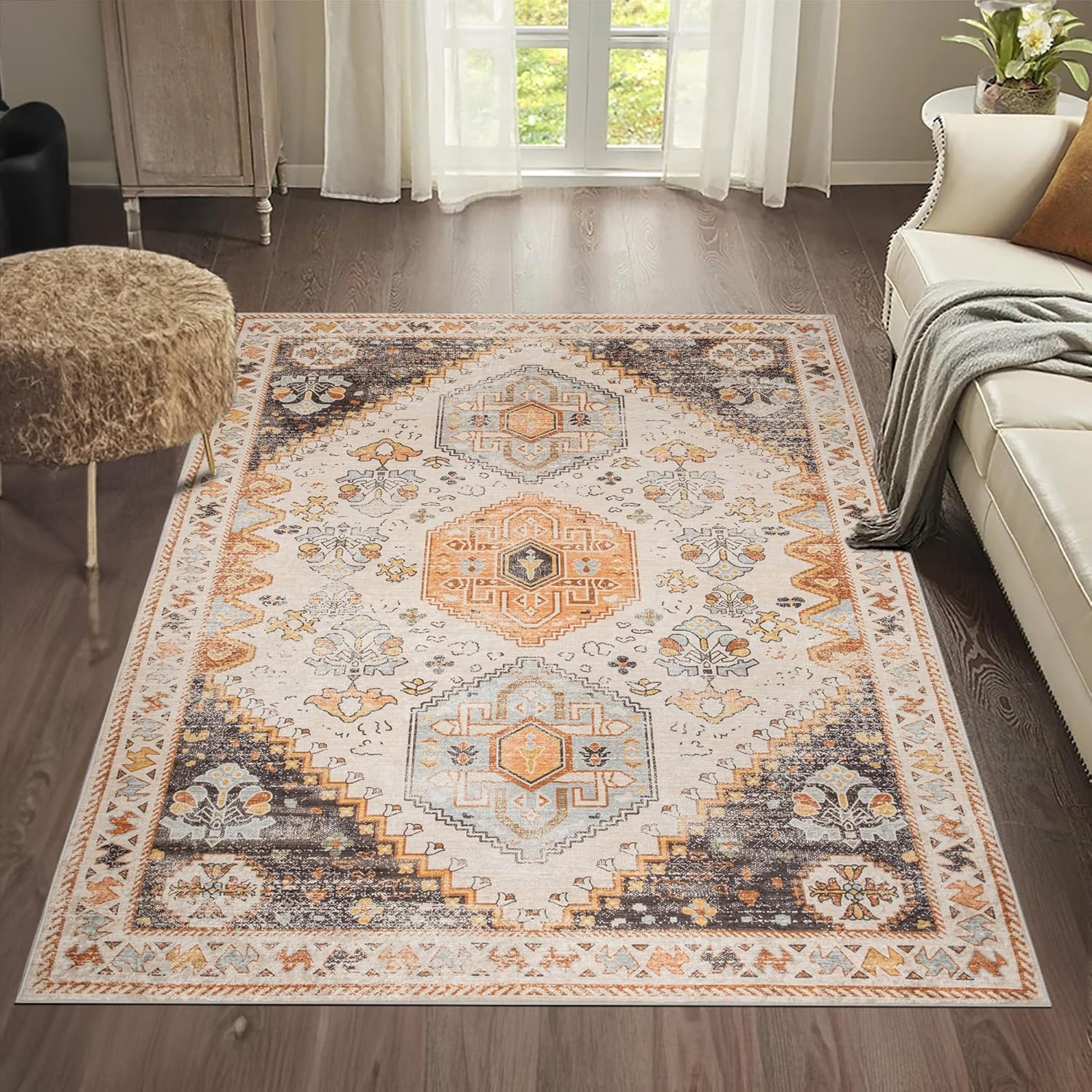 Super Area Rugs - 3X5 Machine Washable Rug Traditional Vintage Small Rug for Entryway - Olive, 3' x 5'
