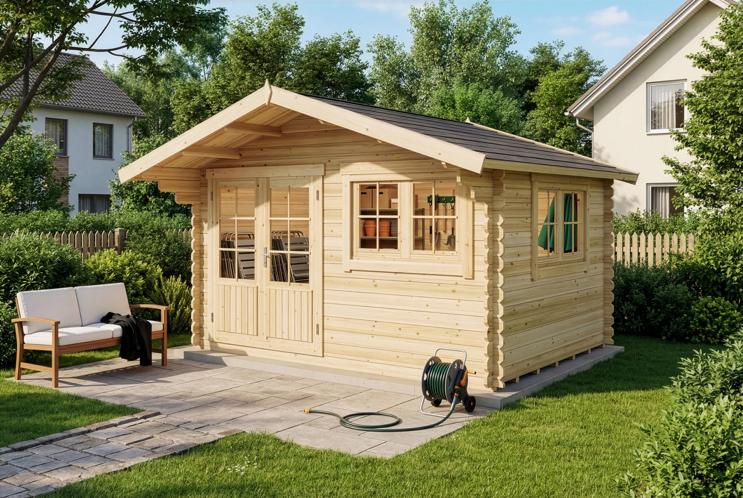 Abri de jardin Gabriel-34 avec sol en bois, abri de jardin 400 x 300 cm, 10,07 m², épaisseur de paroi 34 mm, naturel