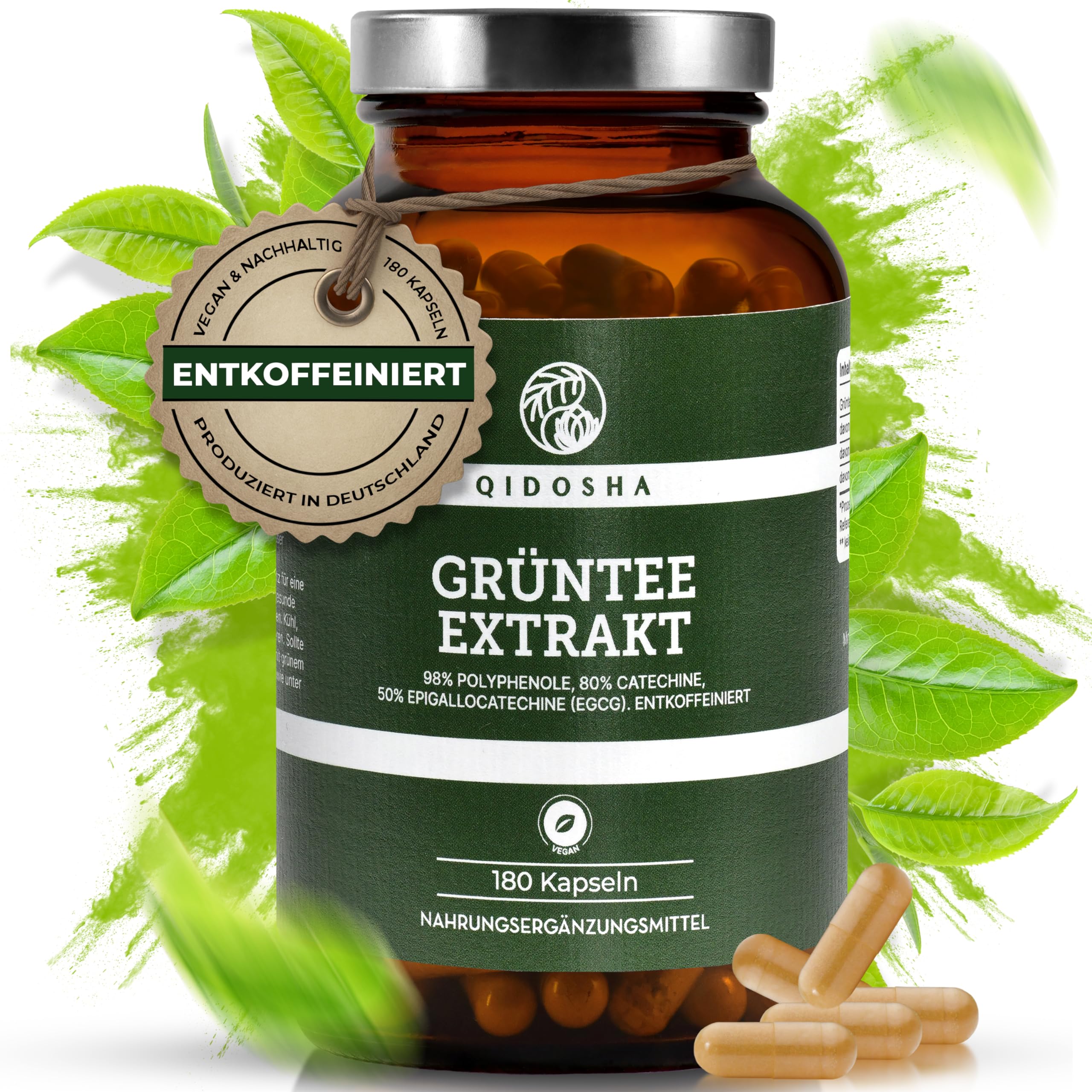 QIDOSHA® Grüntee Extrakt Kapseln entkoffeiniert mit 50% EGCG, 180 Stk, 700mg Grüntee-Extrakt ohne Koffein je Kapsel, davon volle 350mg reines EGCG, EGCG Kapseln hochdosiert ohne Koffein